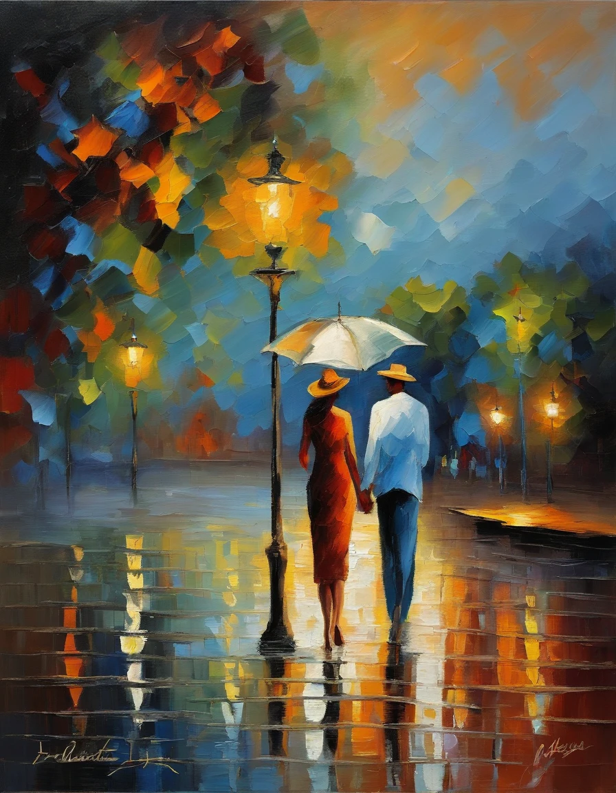 Painting of two people walking in the rain with umbrellas - SeaArt AI