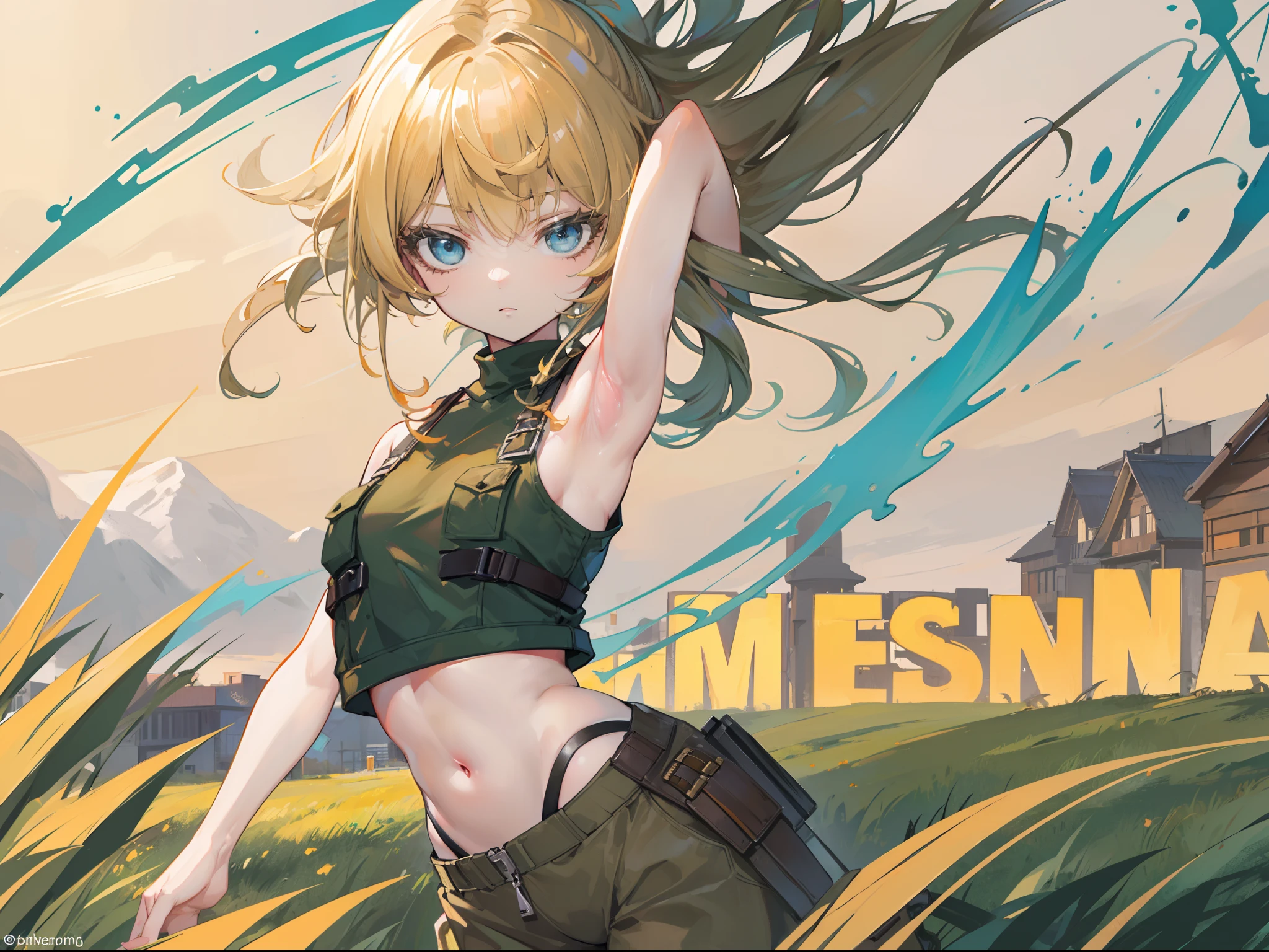 Armpit, Brown croptop, Army pants, blonde hair, Field space, (( masterpiece, high quality, best quality, detailed quality))