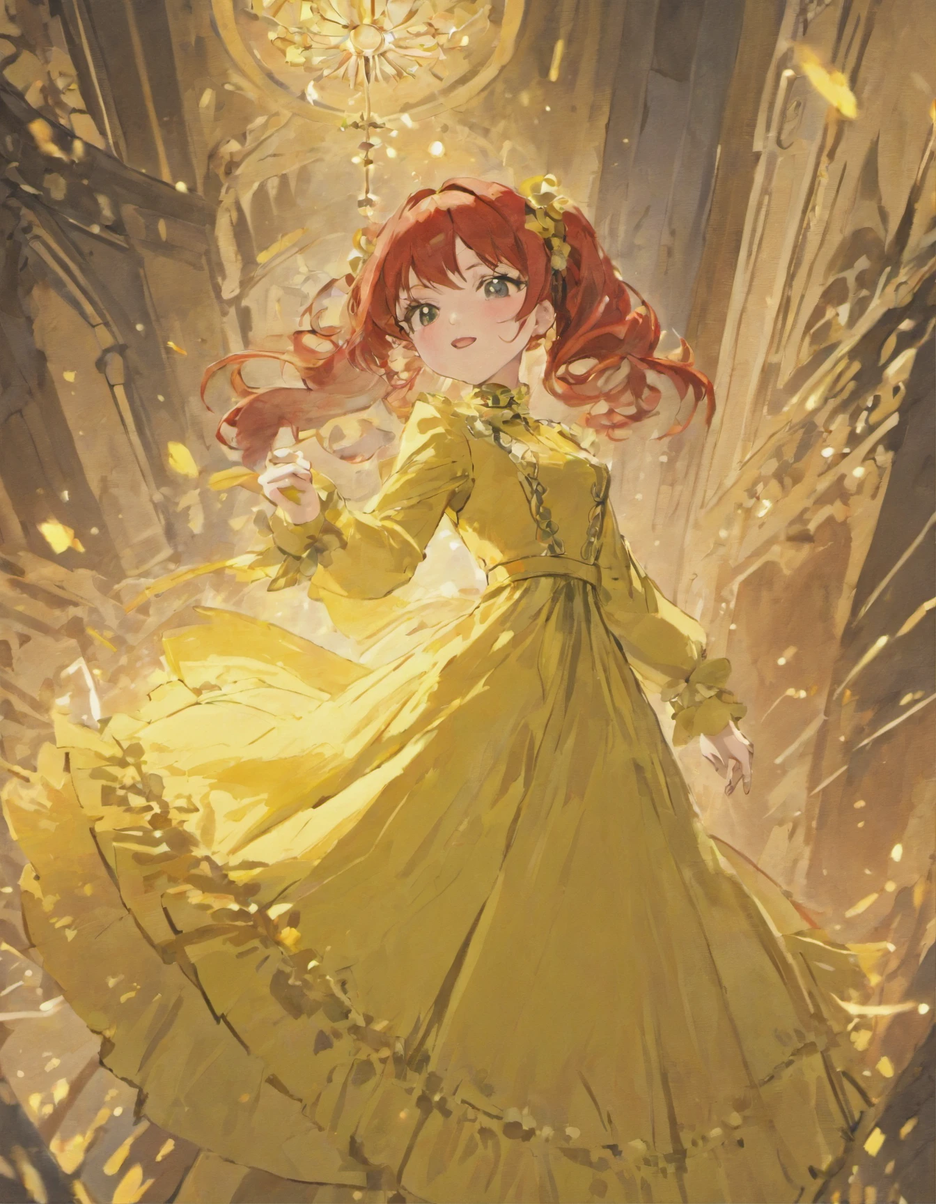 A red haired girl wearing a Yellow long elegant victorian dress