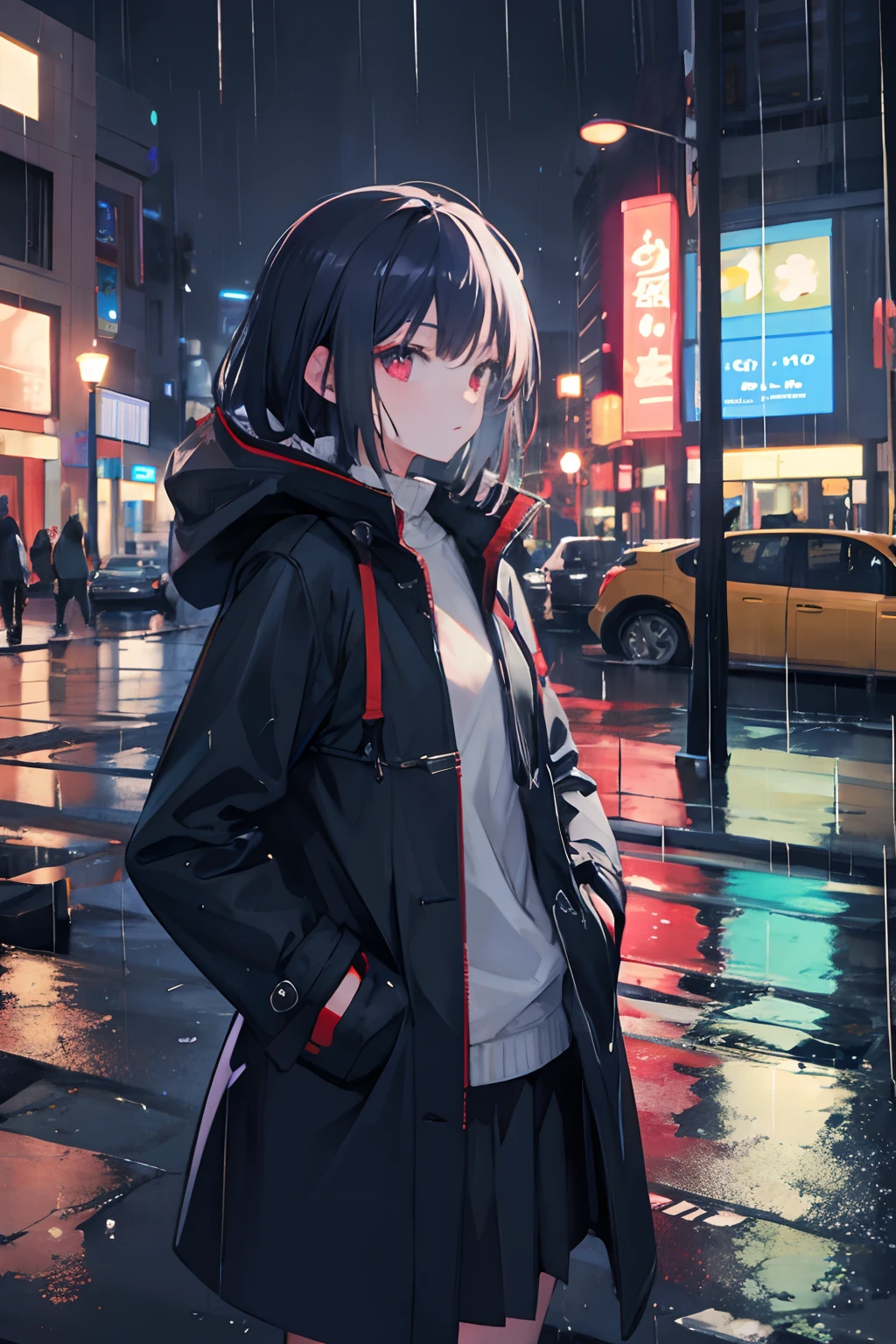 1girl, Night City, rain, coat, hands in pockets