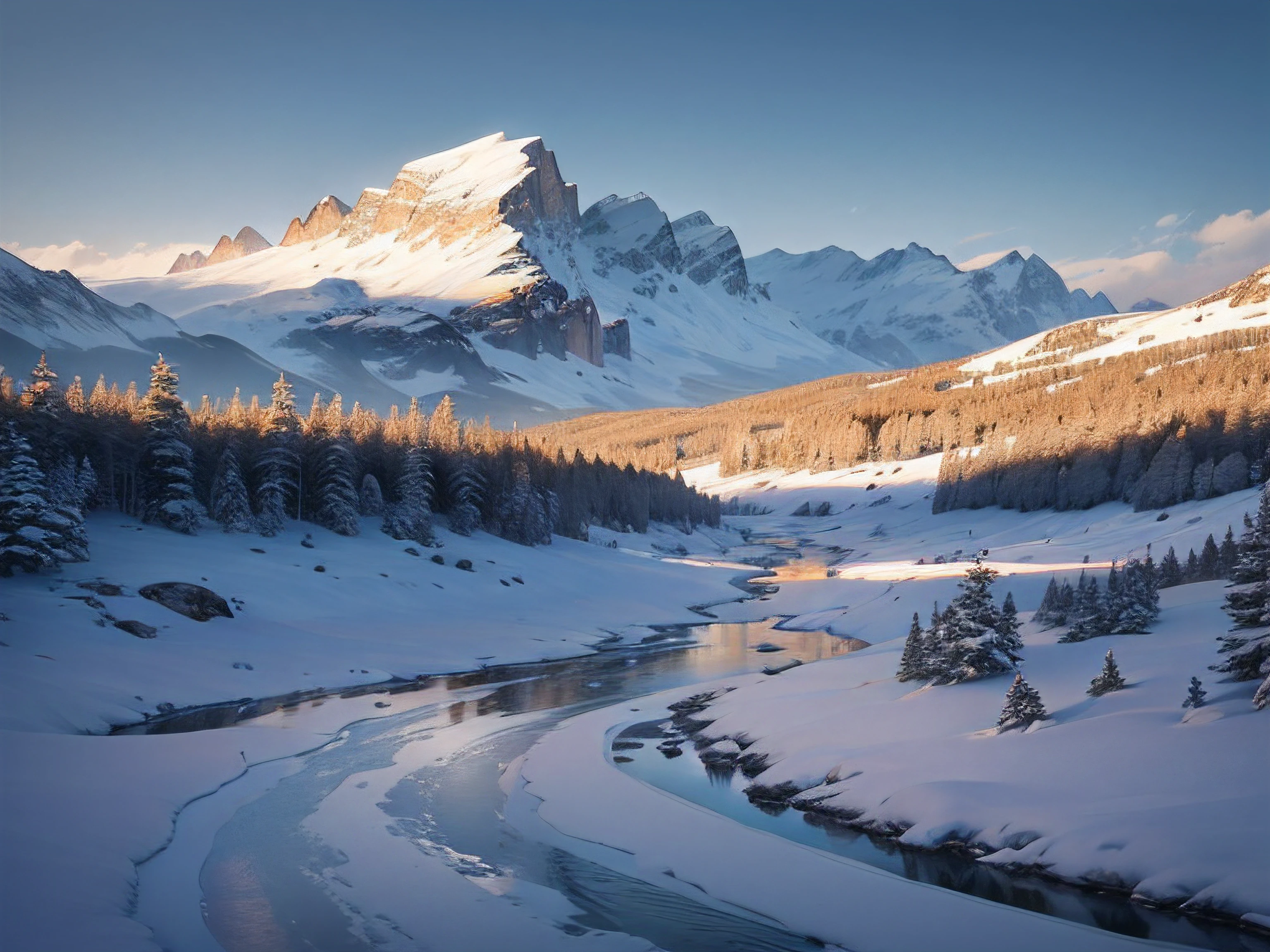 "In a pristine winter wonderland, Die gewaltige Gebirgskette erhebt sich mit ehrfurchtgebietender Erhabenheit, seine Gipfel ragen stolz gegen den Horizont. When the day gracefully fades into the evening, Ein weiches, Golden alpenglow bathes the entire scenery, Complicated casting, long shadows over the undisturbed snow. Die Berge, Shaped by eons of natural forces, weisen einen bemerkenswerten Detaillierungsgrad auf, aus dem Rauen, Felsige Felsen in die Tiefe, pristine snowfields. This majestic panorama stretches endlessly in all directions:0.2.

Im Herzen dieser malerischen Aussicht, a magnificent crowd of (Canadian Geese)1.2 hebt ab, their wings unfolded in perfect harmony. Vor der Leinwand des Nachmittagshimmels, Eine leuchtend azurblaue Weite, adorned with delicate cirrus clouds, these geese form an elegant V-shape, ihre Muster aus Ebenholz- und Elfenbeinfedern heben sich gegen den heiteren Himmel ab1.4.

Die verschneite Weite unter uns, A pristine and pristine canvas, shines in the gentle, goldenes Licht der untergehenden Sonne. Every nuance of the terrain is etched with precision, From the pristine white of the freshly fallen snow to the subtle waves of the frozen landscape. The play of light and shadow on the snow creates a calm and realistic atmosphere, and invites the spectators, in die Ruhe und das Wunder dieses atemberaubenden Winterparadieses einzutauchen1.3.

This captivating moment embodies the essence of nature's majesty and serenity, An ode to the harmonious beauty of nature. It invites viewers, enjoy the stunning and realistic splendor of this pristine winter scene, where the flying geese are just one facet of the sublime splendor of the landscape. Jedes Element harmoniert, to create a vision of unparalleled beauty and awe, Eine Szenerie, die so realistisch und fesselnd ist, dass sie den Betrachter mitten in di