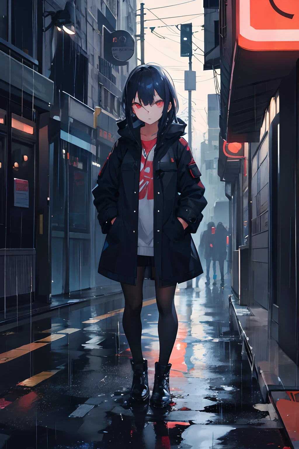 1girl, Night City, rain, coat, hands in pockets