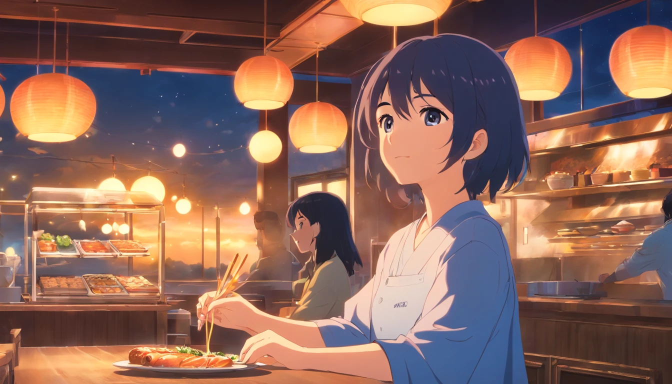 Midnight Restaurant，Warm healing，delicacies，super high image quality，Ultra-clear details，Hayao Miyazaki anime style