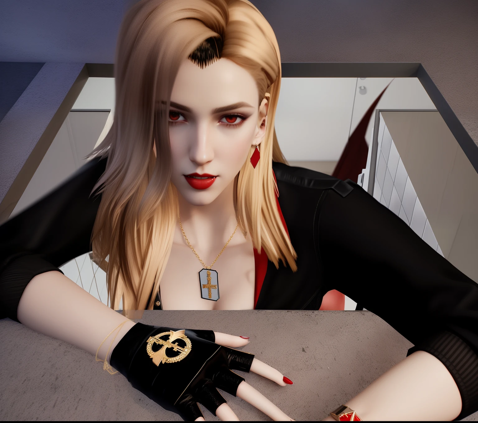 A beautiful vampire,Her head sticks out of the ceiling of the house, A cross pendant hangs around his neck, Blonde hair, It's trendy, Black clothes, black glove,Hair is well-defined,The art of lighting,Art stands on the trend,action game,Video games,Unreal Engine5