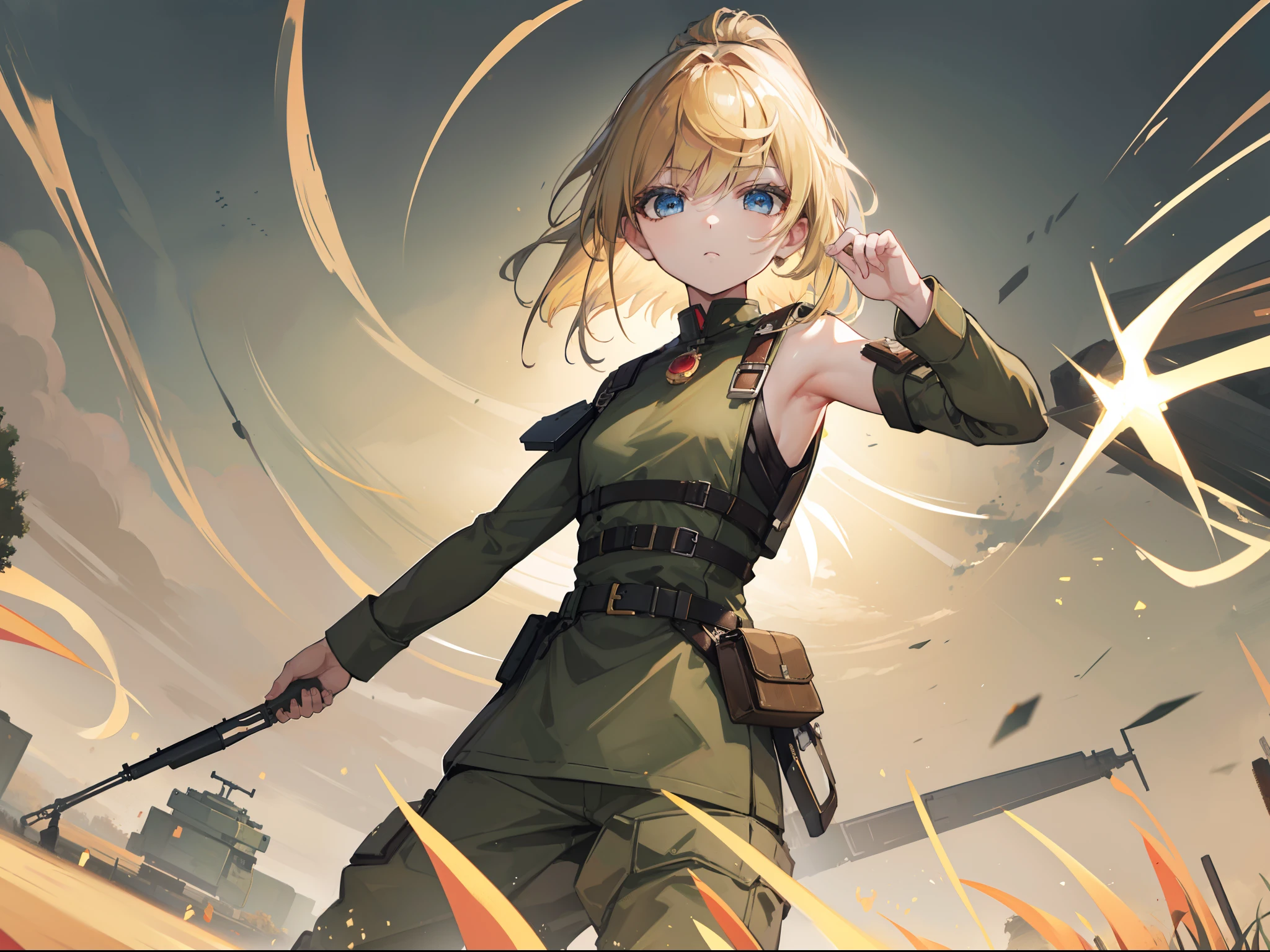 Armpit, Brown croptop, Army pants, blonde hair, Field space, (( masterpiece, high quality, best quality, detailed quality)), Wafen SS uniform, In Berlin.