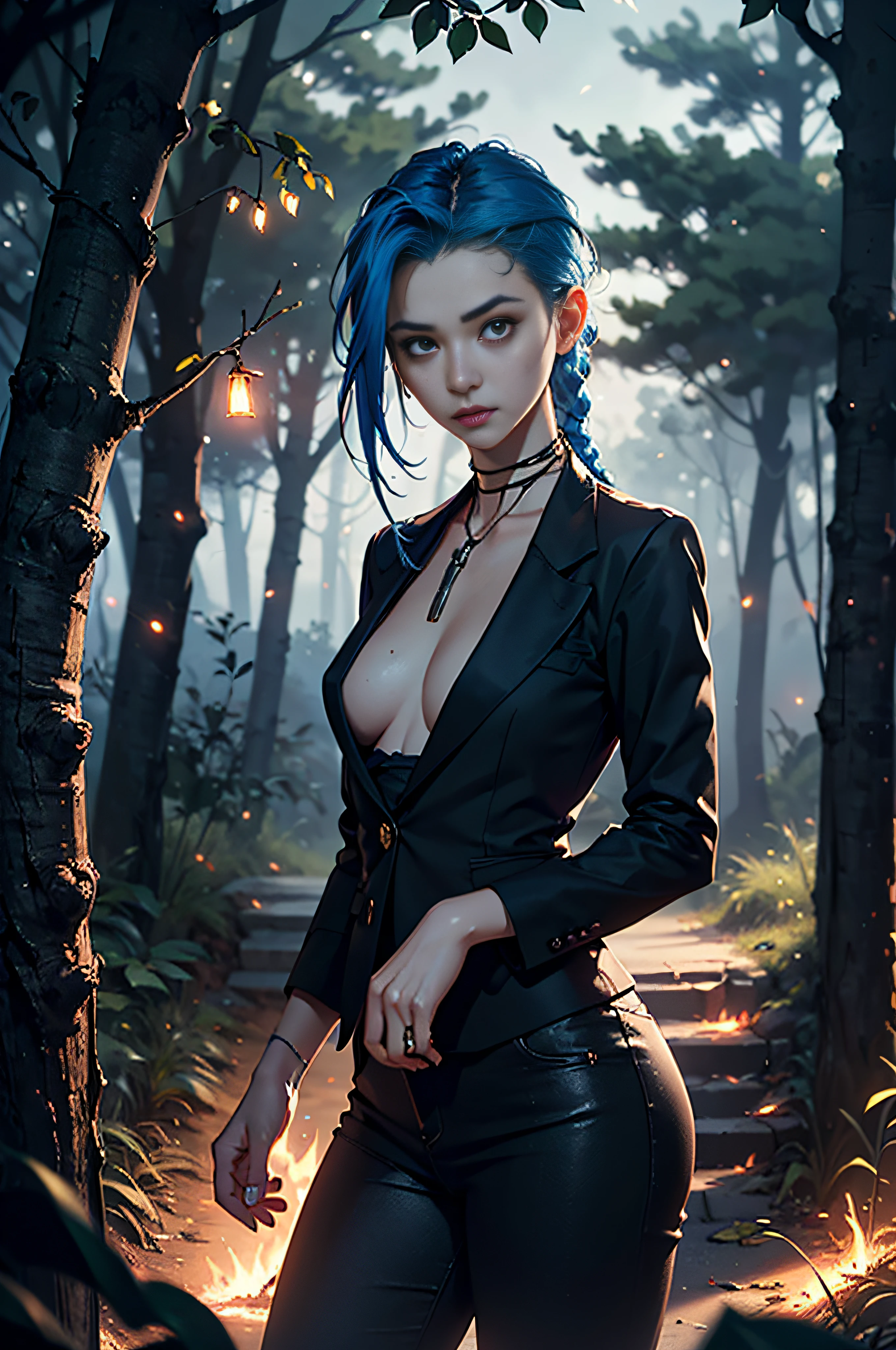 独奏, cowboy shot, (очень Dетализированные обои CG unity 8k), (beste-Qualit), (best illustrations), (best shadows), (Night gloomy background, Gloomy and hopeless, Dark dramatic lighting, vignette), Realistic eyes, beatiful face, 1A girl with a perfect body, with blue braids, Long braids, ((Jinx)). generous cleavage, She wears a business suit, ((perfect anatomy)), gotik, Burnt orange gradient, surrounded by tender leaves and branches, with fireflies and glowing particle effects, (Natural elements), (leaves), (twigs), (Fireflies), Butterflies, (Tender leaves), (Glow), (particle fx). , Fantasy art, bokeh, Octane rendering, ray traced, overdetalization.