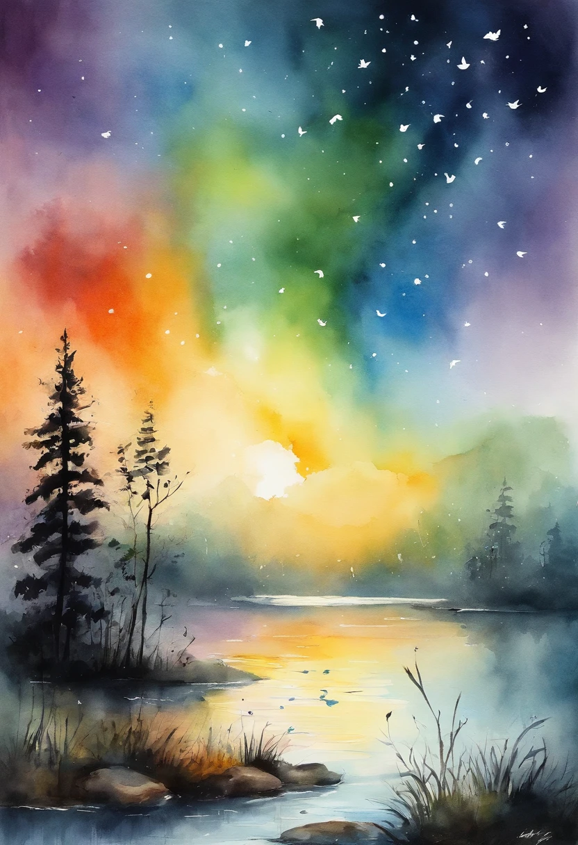 （（A rainbow appears in the sky after the rain）），baiyun, after rainny, rays of sunshine, refractions, Seven colors, Red, Orange, Yellow, Green, Blue, Violet, arc-shaped, A bridge to heaven, llight rays, dream magical, wanting, Calm lake, inverted image, The outline of the tree, Birds fly, freshen, magical, Beautiful natural landscape
