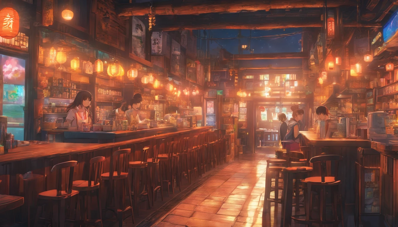 bar, jazz, night, dim light, unmanned, Anime estilo 2D, Lo-fi, disco Rigido, Ambiente escuro
