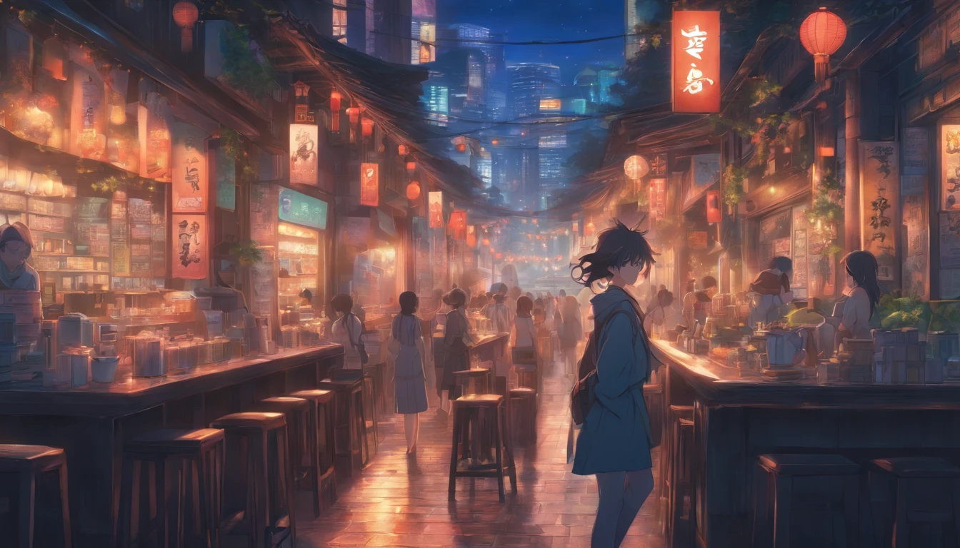 Hyper-detailing，comic strip，China-style，pupils，Street coffee shop，highly detailed surreal vfx，eventide，super-fine，dark hues，ultra - detailed，high qulity，8K ，oc rendered，dynamic viewing angle