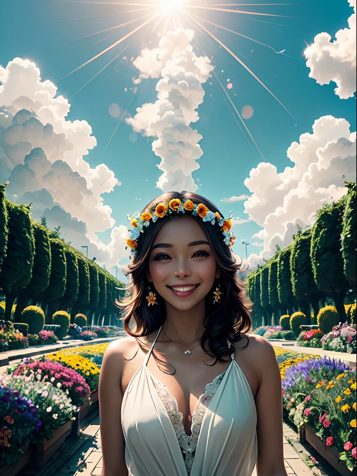 heaven, heaven, light, brilliance, happiness, bright smile, glitter, flowers, flower garden, halo, clouds