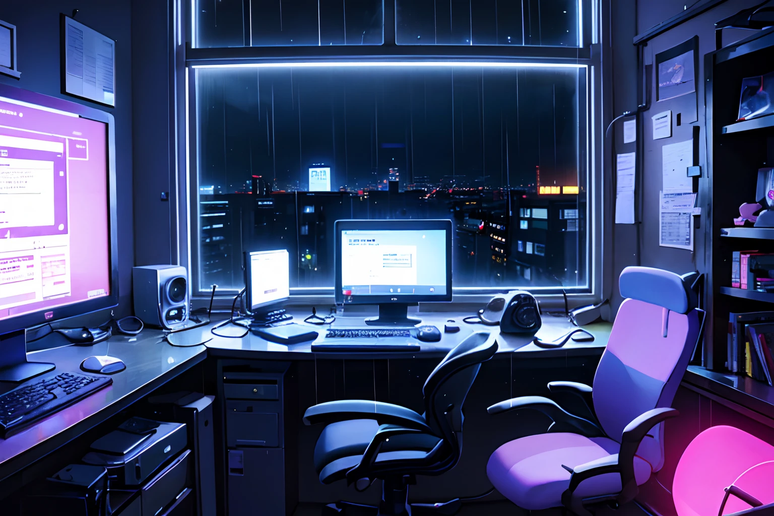 chair, computer, english text, keyboard \(computer\), microphone, monitor, mouse \(computer\), neon lights, night, no humans, rain, screen, window