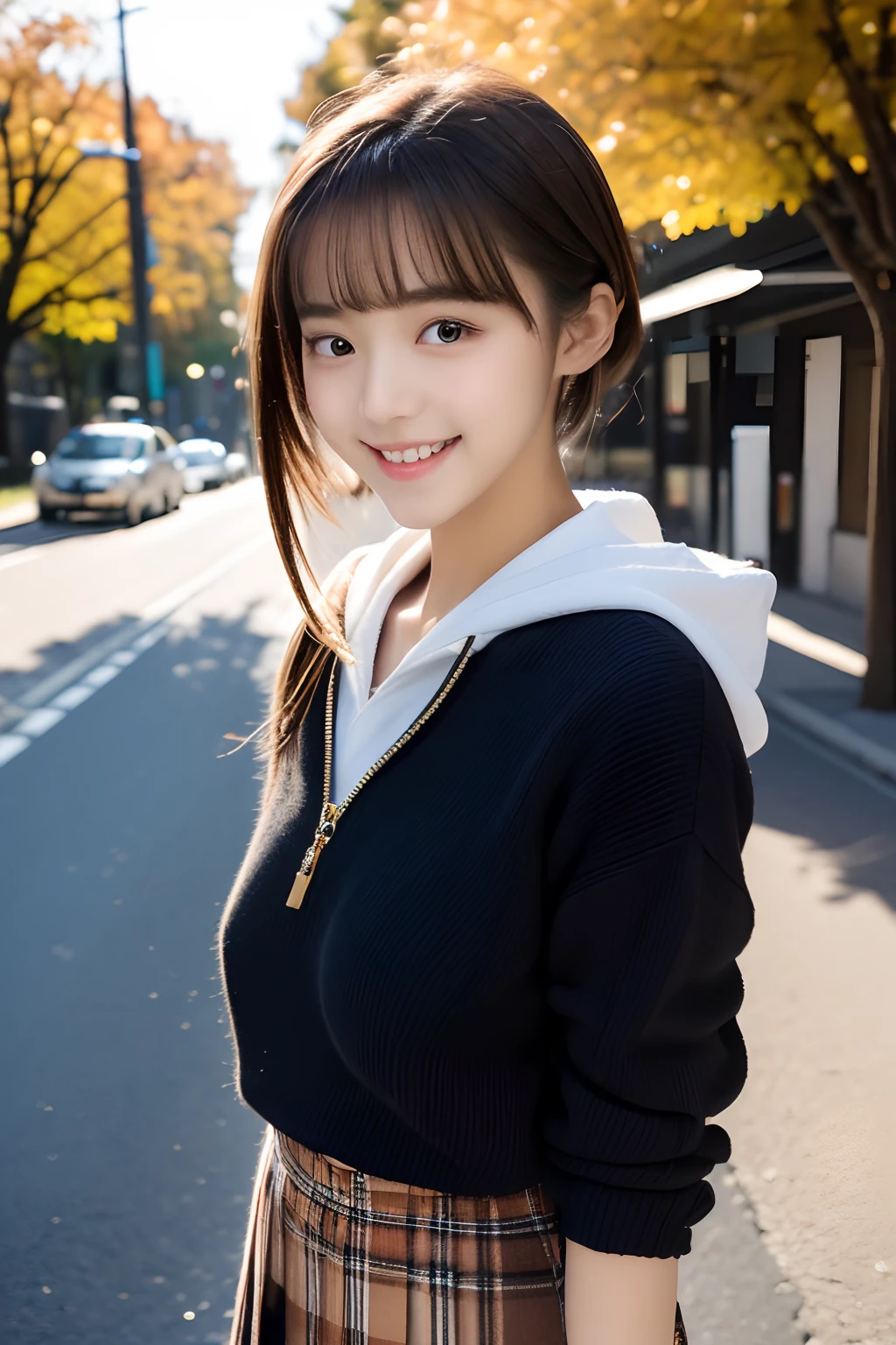 Best Quality, 1 girl, 18 years old, Brown hair, Waist Hair, 3/4 Bangs, Red tie, Lever plaid pleated skirt, girl, School, Black Calf Socks, Leather shoes, Busy street at night、((top-quality、8K、masterpiece:1.3))、foco nítido:1.2、(natural soft light、Sidewalk lined with ginkgo trees in autumn:1.1)、18year old、Highly detailed facial and skin texture、A detailed eye、二重まぶた、1girl、独奏、Young Japan girl、(Japanese high school girls uniform、White zipper hoodie:1.2)、kawaii、Girly、6Head and body、smallunderboob、Transparency、Suppin Makeup、A dark-haired、(poneyTail、sense of touch:1.3)、Shine in the eyes、Cool eyes、realistic face and skin texture、(Brown pumps:1.2)、standing, full body photo, Drawing composition、A slight smil