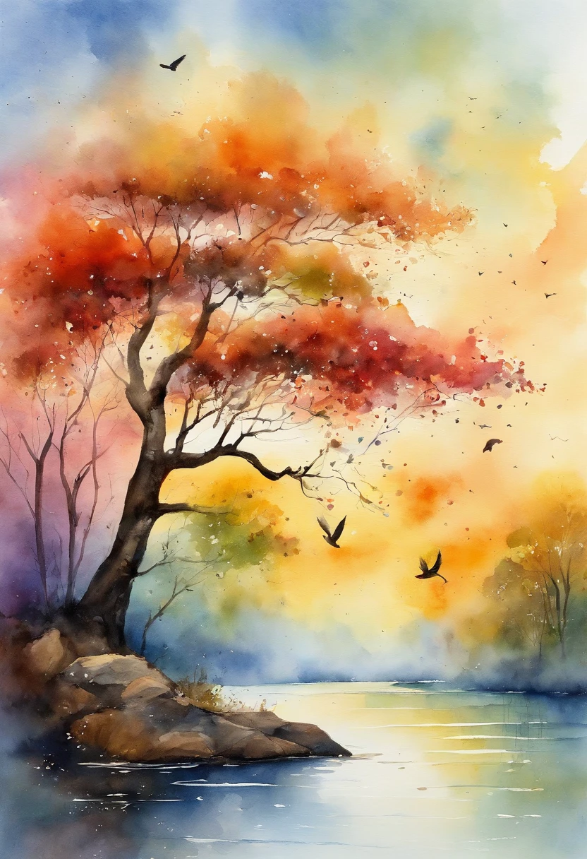 ((A rainbow appears in the sky after the rain)),baiyun, after rainny, rays of sunshine, refractions, Seven colors, Red, Orange, Yellow, Green, Blue, Violet, arc-shaped, A bridge to heaven, llight rays, dream magical, wanting, Calm lake, inverted image, The outline of the tree, Birds fly, freshen, magical, Beautiful natural landscape