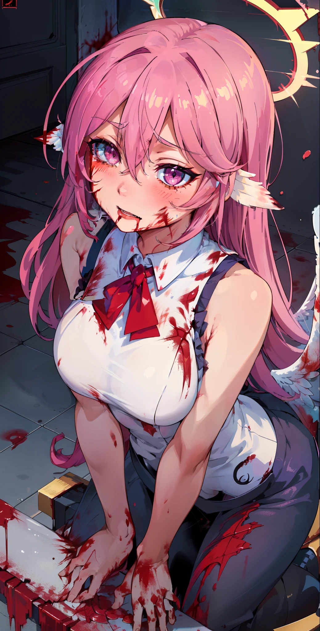 Jibril, (standing), blushed, perfect anatomy, detailed eyes, detailed lips, extremely detailed eyes and face, vivid colors, sharp focus, masterpiece:1.2, ultra-detailed, blushed, (((doggystyle)), (solo), (((sleeveless, angel of death, evil, bloody, blood)))