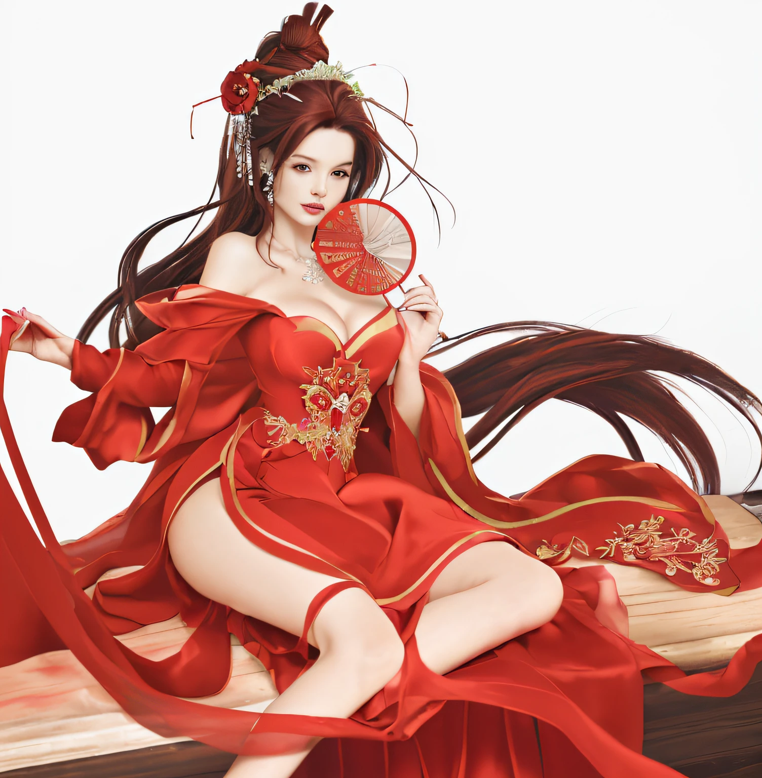 (Highest resolution, distinct_image) Best quality, Masterpiece, High detail, Semi-realistic,A woman wears a red wedding dress，Red fan in hand，cabelos preto e longos，mature，Good looking,