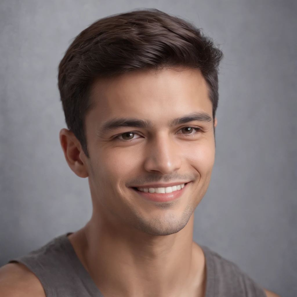 (photo: 1.3) af (reality: 1.3), West a Latino man, soft light, clear face, happy, cheerful, smiling, warm light, ((grey background)), ((grey background)). ((grey wall background)) avatar, (long or short hair), smile, handsome, young,, short hair, smile, (medium close-up)