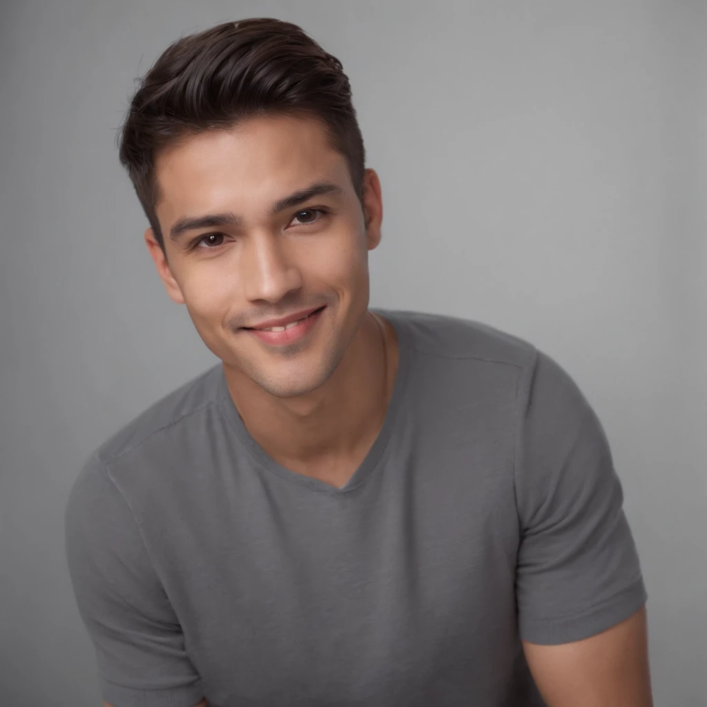 (photo: 1.3) af (reality: 1.3), West a Latino man, soft light, clear face, happy, cheerful, smiling, warm light, ((grey background)), ((grey background)). ((grey wall background)) avatar, (long or short hair), smile, handsome, young,, short hair, smile, (medium close-up)