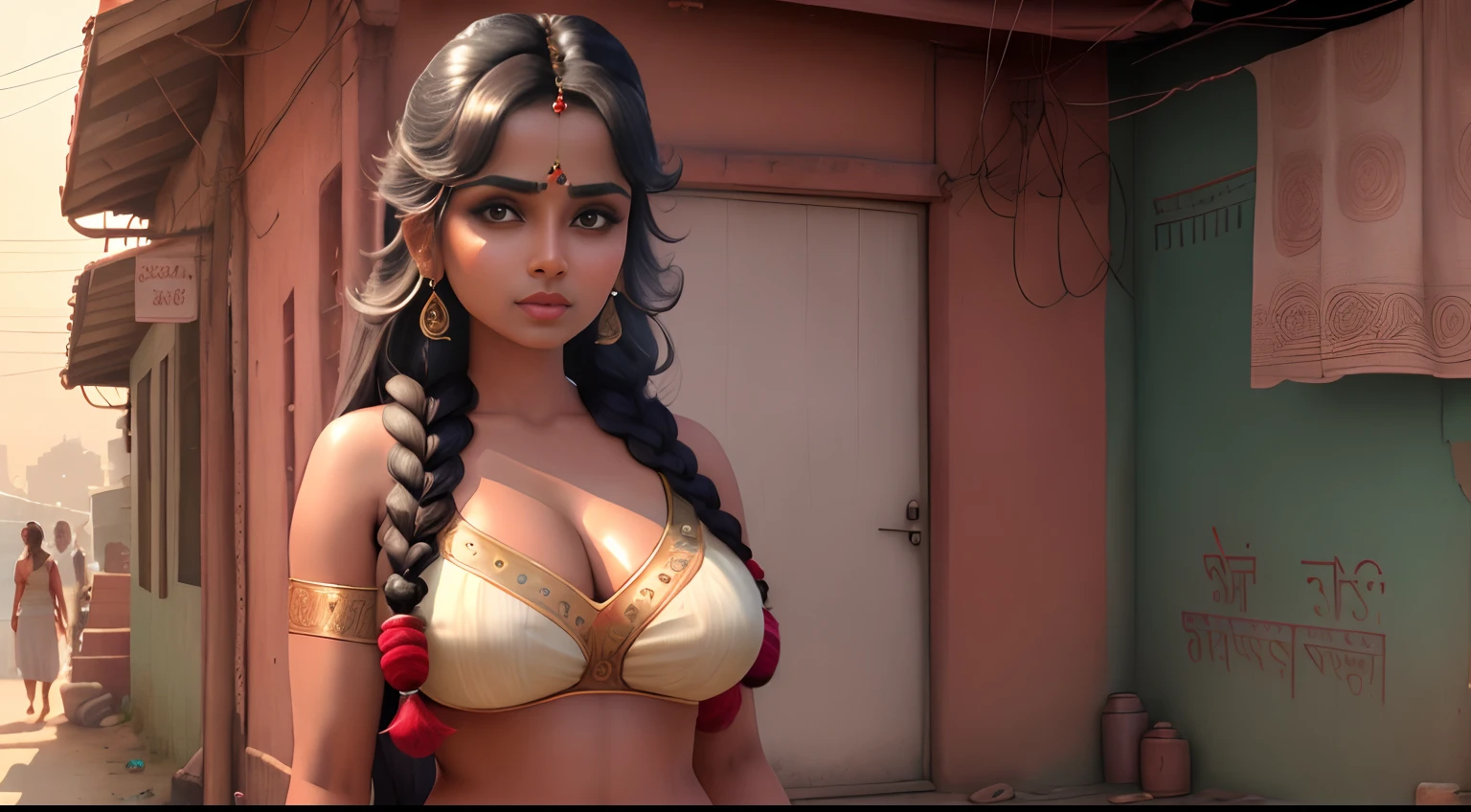 Beautiful indian woman, landscape, detailed face, cute, big eyes, iconic, photorealistic, slum alley, big chest, big belly, braid hair, body, symmetric face, wearing glass, masterpiece, 8k, ultra realistic