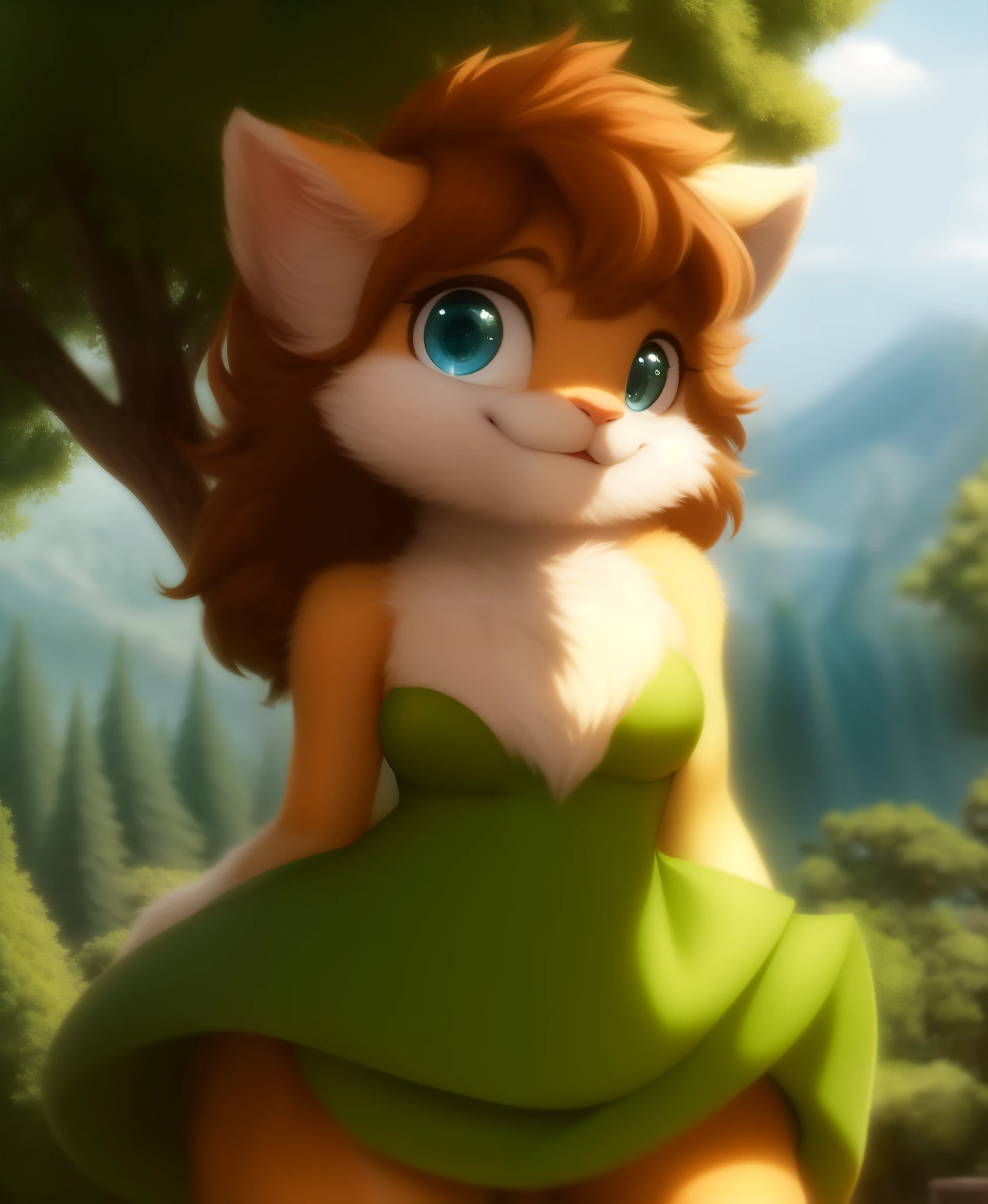 elora furry, detailed and extremely fluffy body fur, fluff, masterpiece, looking up beautiful surroundings, detailed background, happy, leaf-dress,