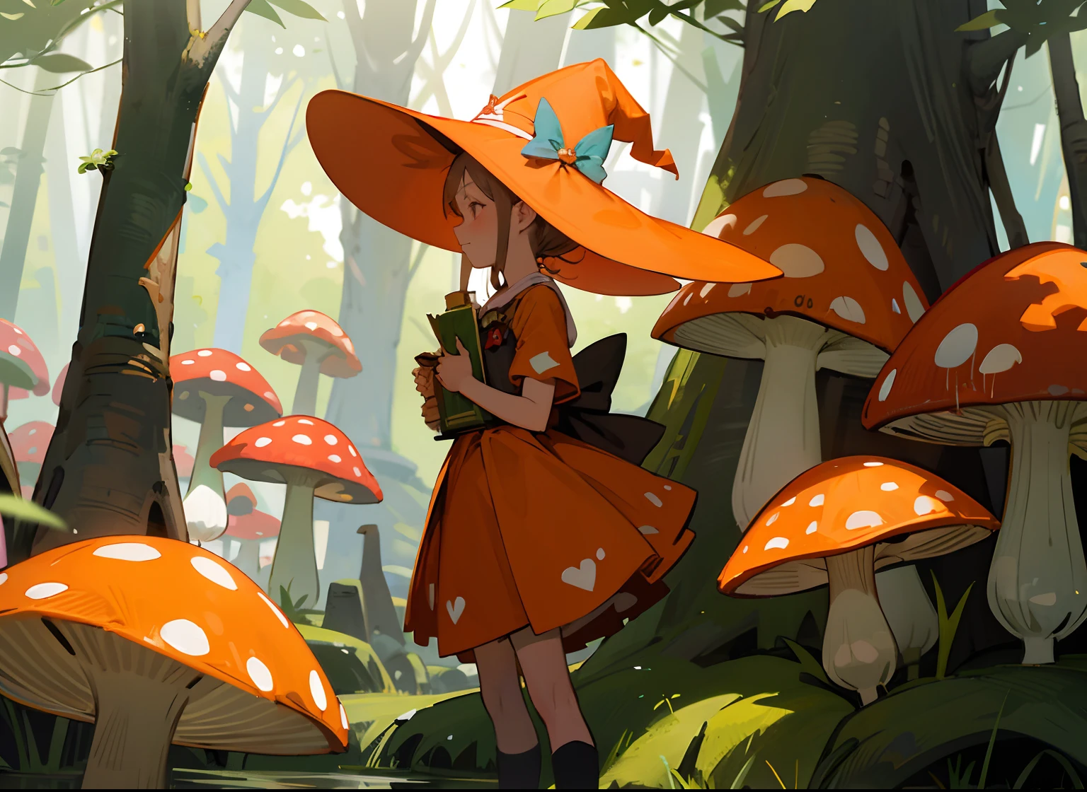 Young witch in orange outfit red and white mushroom hat , e roxa , wearing a witch's hat, rosto delicado e lindo, semblante angelical, magia em volta verde , sexy estilo desenho de livro adulto, Scenery in the forest, festa com jovens bruxas na floresta com chapeu em formato de cogumelos,  dia , ávore, paisagem linda de floresta