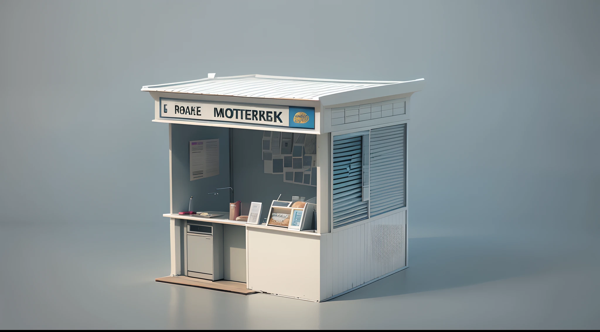 minimalist solid porcelain figurine of the street kiosk, circa 2000, 5 cm height, empty inside, square, closed space, opaque big shop windows, cherenkov radiation and crocoite color palettes' enamels, flat roof, one-story, one-room, silver ratio proportions, hyperdetailed, intricate details, 8k, modular, metamodernism, brutalism, contemporary art museum exhibition context and background, $500