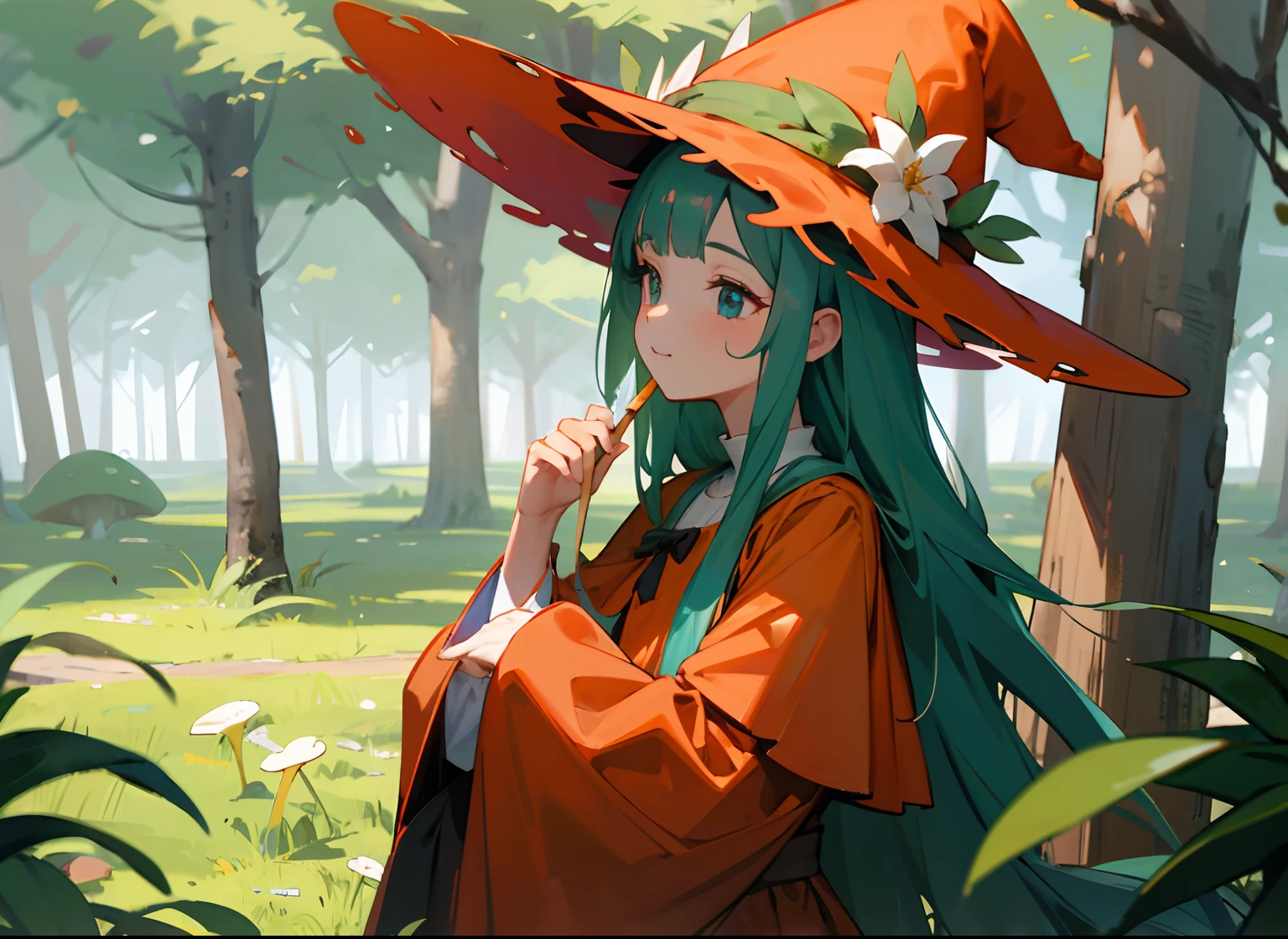 Young witch in orange outfit red and white mushroom hat , e roxa , wearing a witch's hat, rosto delicado e lindo, semblante angelical, magia em volta verde , sexy estilo desenho de livro adulto, Scenery in the forest, festa com jovens bruxas na floresta com chapeu em formato de cogumelos,  dia , ávore, paisagem linda de floresta