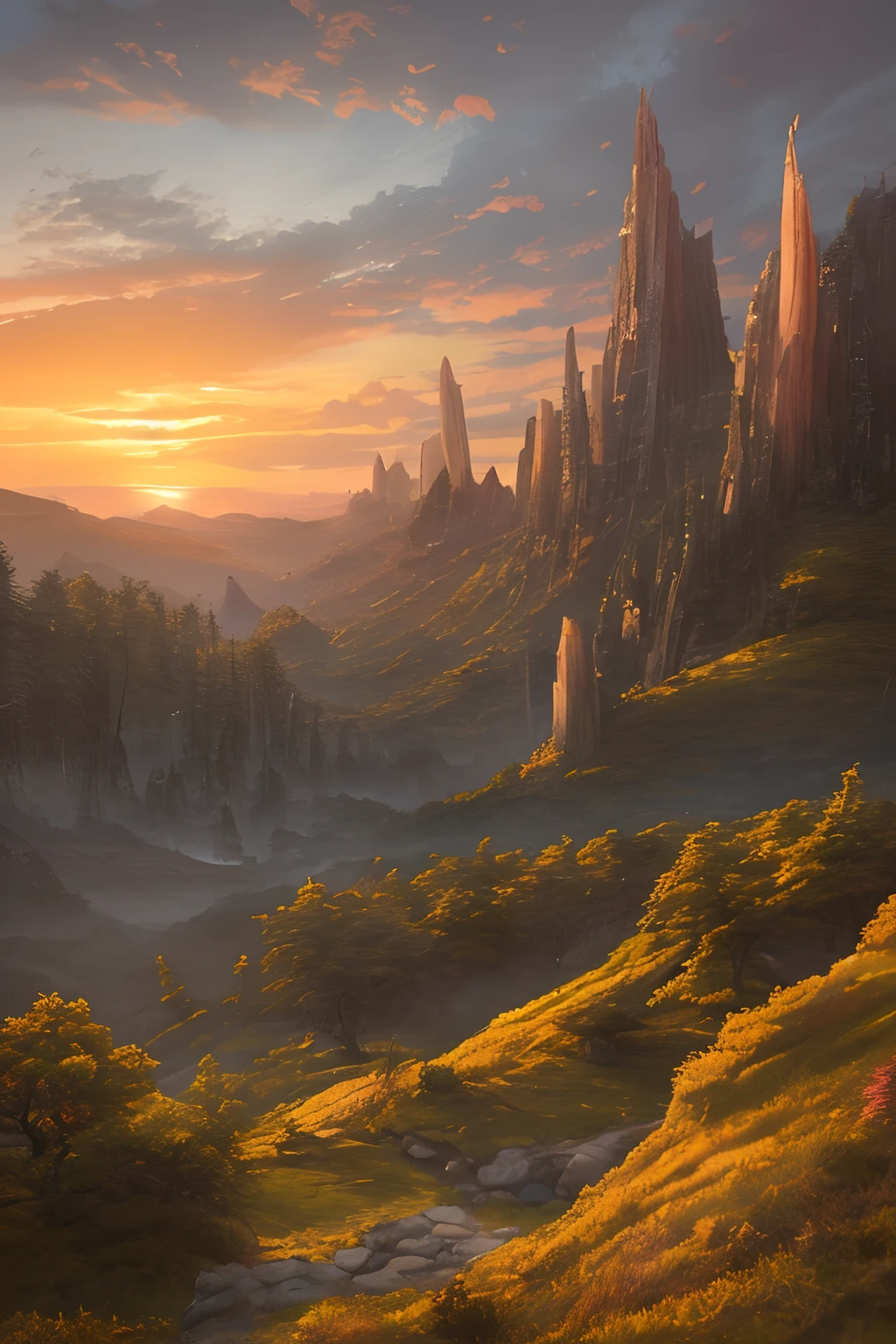 a stunning sunset vista landscape photography, Masterpiece, trending on CGSociety, 4K, 8K, HD, [art  stations:1], concept-art, Highly detailed, Sharp focus, [Subsurface scattering:1], art by Gabriel Lekegian and Abbas