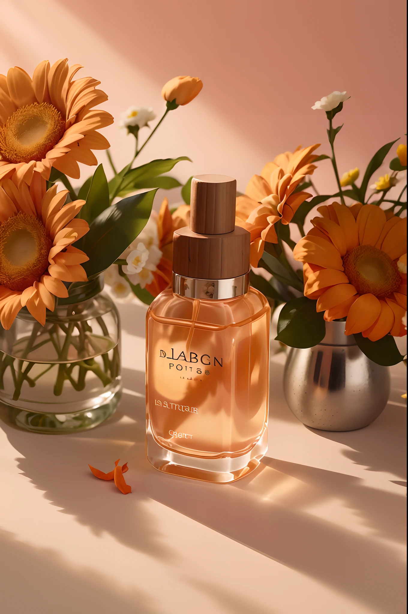 Bottle, close-up, flowers, Blurred background, orange Background, Blurred Foreground, Simple Background, Plants
