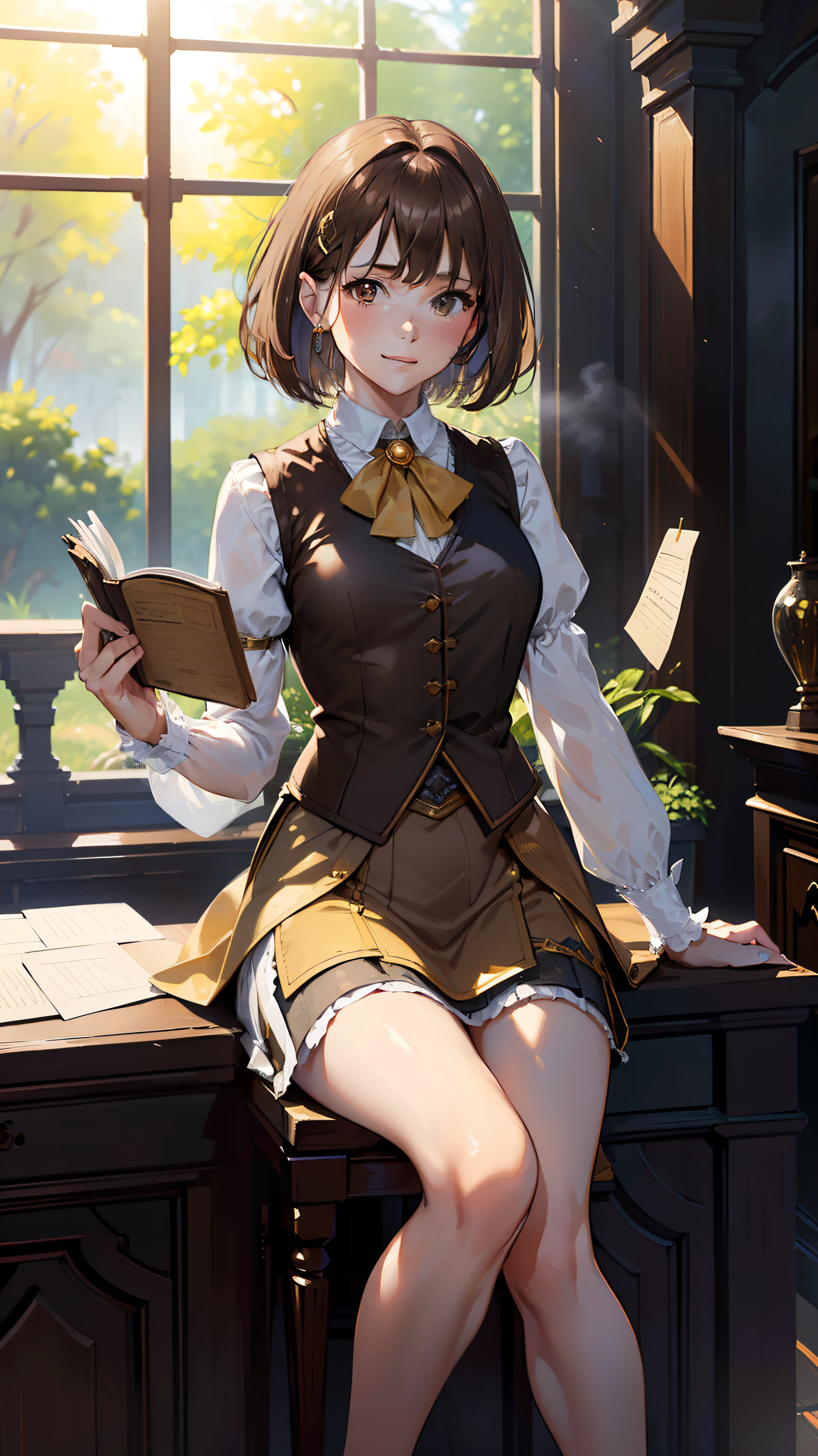 masterpiece, ultra detailed, 8K Portrait, Raw photo, portrait photography, full body, Highly detailed face, ((Fantasy)), Young beautiful, 27 years old, smile, ((((receptionist))), sitting on wood chair, (((light brown short bobbed hair))) Fluttering in the wind, blunt bangs, ocher colored long puffy sleeve clothes, yellow waistcoat, maxi skirt, ((holding a note book)), Midday Sun, hyper realistic, Body model, Small breasts, Beautiful breasts, Long legs, in the medieval adventurer's guild, Ambient lighting, Shadow details , Camera focus on face, strong breeze, Light fog