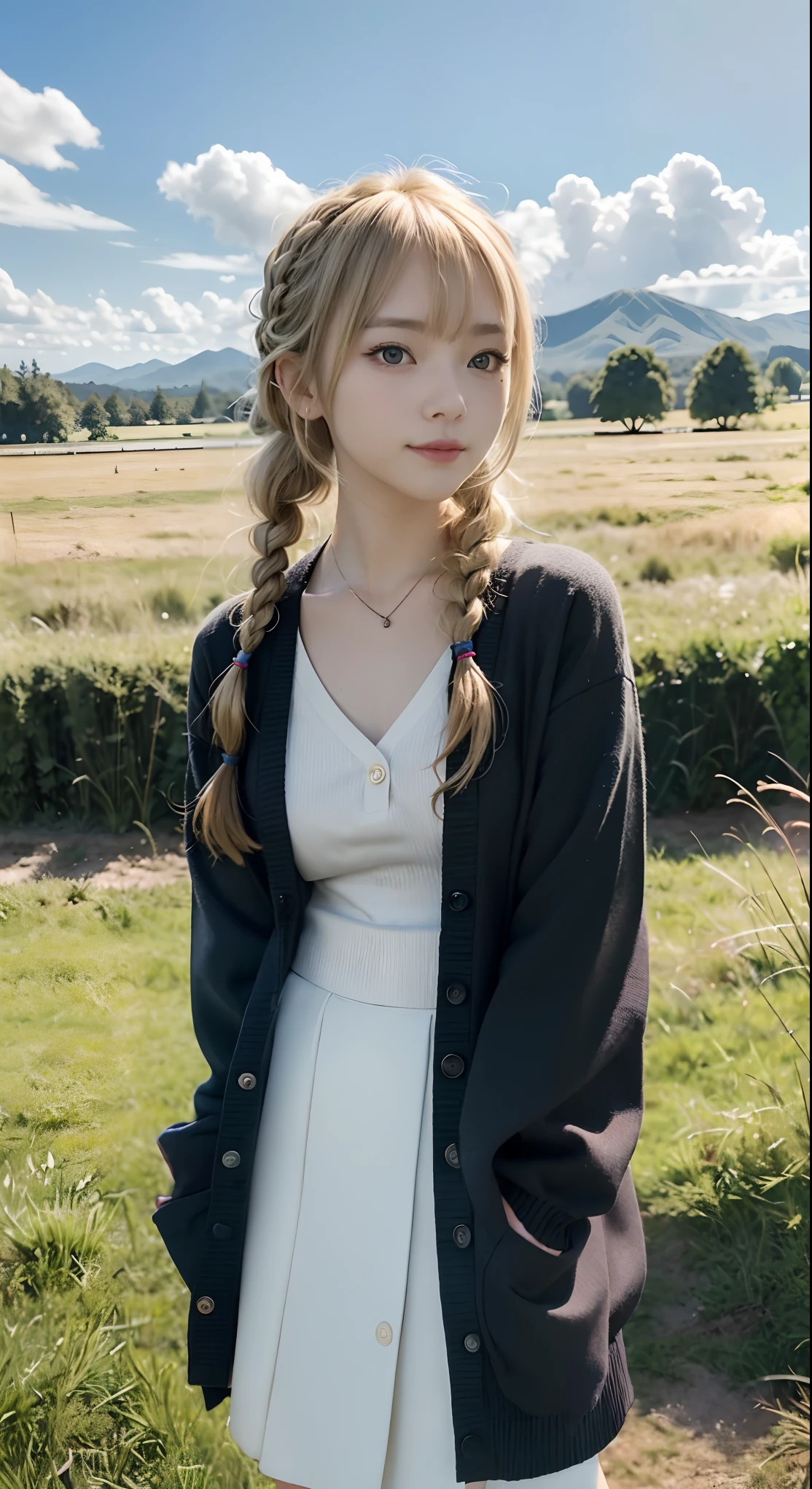 Blonde girl with bangs, braided-low-pigtails, blue eyes, fair skin, Pretty Japanese face, smug woman, Melody Marks face, flat chest, perfect anatomy, wearing a casual black cardigan and black skirt, bright grassy field background, HDR, light leaks, facing forward