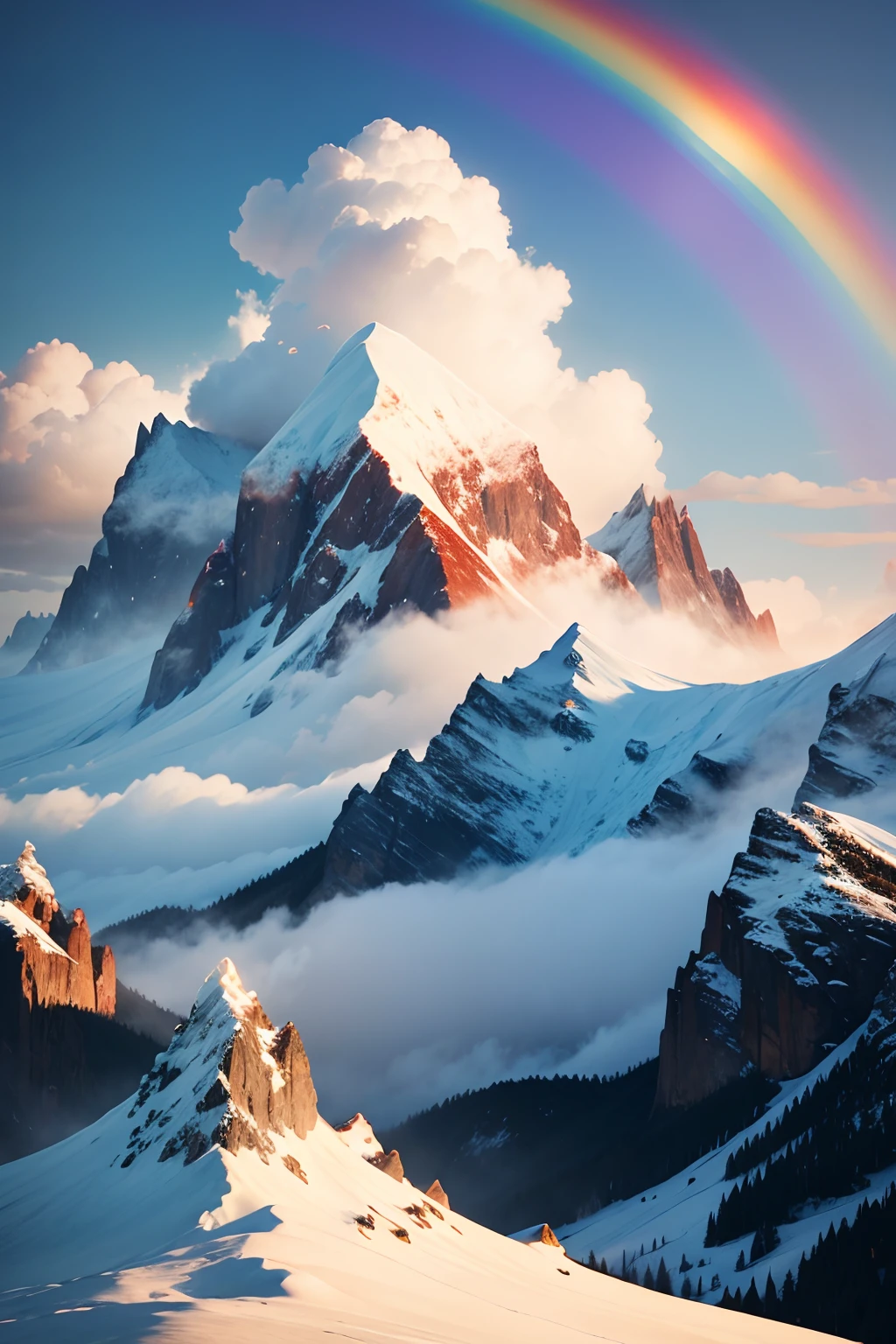 a rainbow,snow mountains,Clouds
