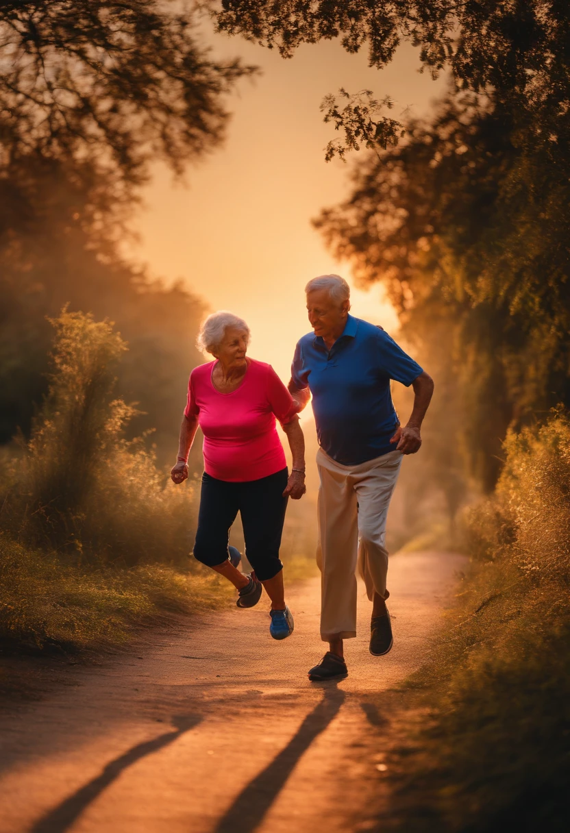 In the setting sun,A pair of elderly people doing exercise