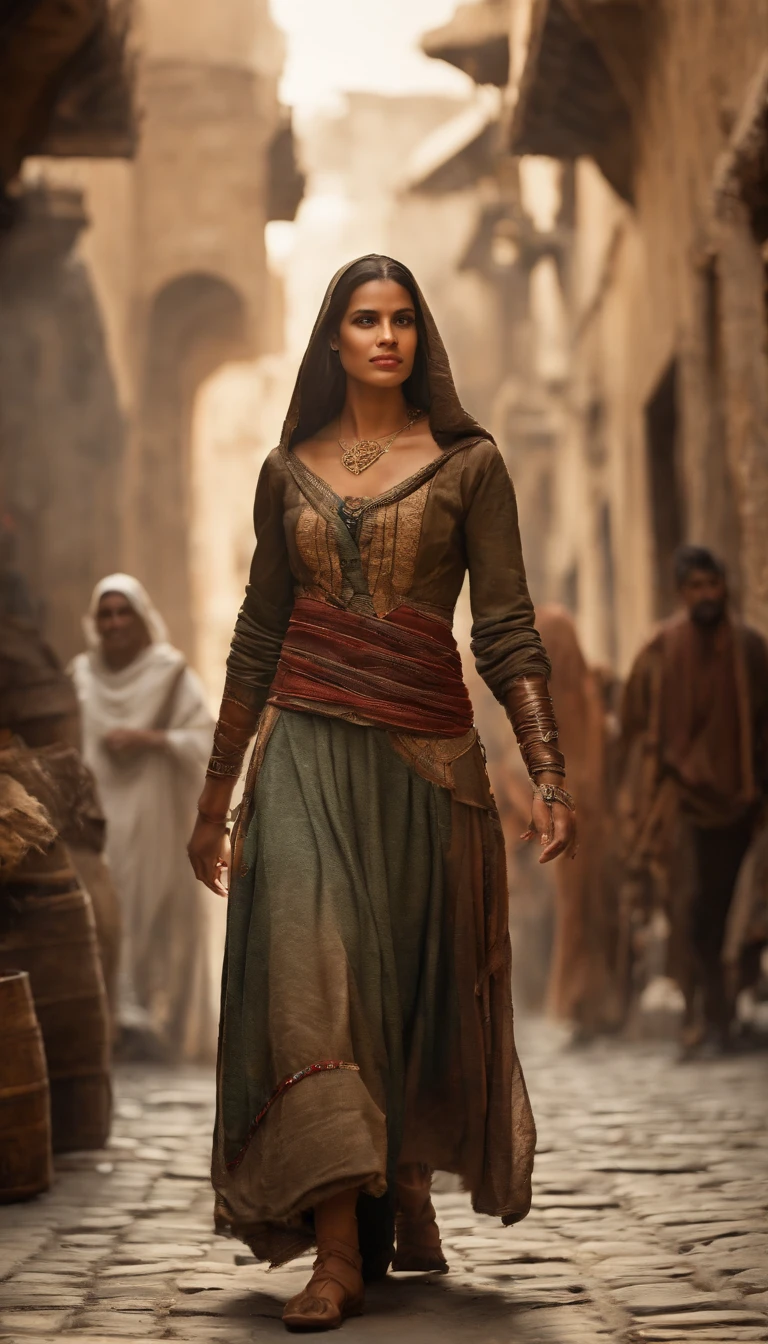 beautiful young woman, 20 years old, in an Assassin's Creed costume, walking in the streets of 13th century Baghdad, [crowded street], [exotic architecture], [colorful market stalls], [bustling atmosphere], [sunny day], [authentic Middle Eastern vibe], [ancient cityscape], [Nizarid Assassin Order], [mysterious charm], [assassin's hood], [intricate details on the costume], [flowing robes], [ornate belt and accessories], [leather bracers], [sleek hidden blade], [confident stride], [stealthy presence], [expressive eyes], [determined expression], [medieval backdrop], [busy marketplace], [hustle and bustle], [aromatic spices], [lively conversations], [flourishing trade], [distant sound of street vendors], [whisper of the desert wind], [golden sunlight casting shadows], [vibrant colors of the fabrics], [alluring mystery], [thematic ambiance], (best quality, 4k, highres:1.2), (realistic, photo-realistic:1.37), [historical accuracy], [immersive experience], [dynamic composition], [captivating storytelling], [artistic masterpiece].