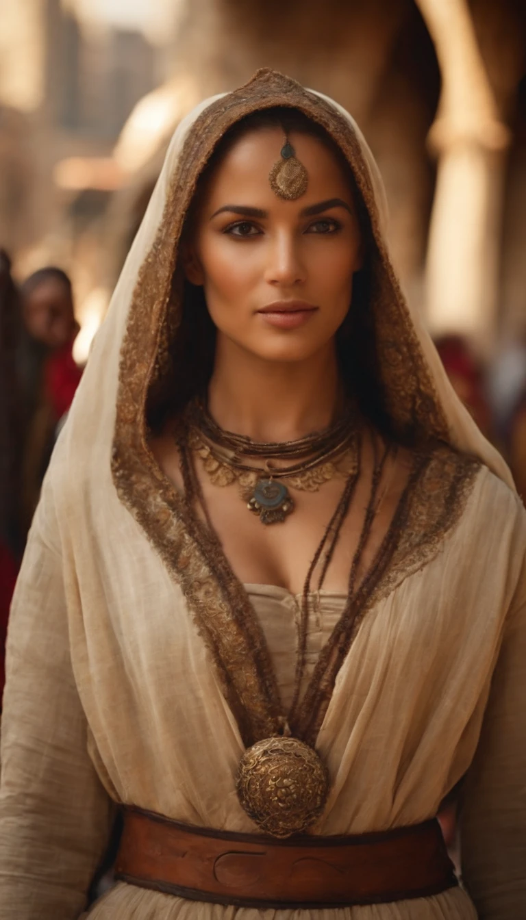beautiful young woman, 20 years old, in an Assassin's Creed costume, walking in the streets of 13th century Baghdad, [crowded street], [exotic architecture], [colorful market stalls], [bustling atmosphere], [sunny day], [authentic Middle Eastern vibe], [ancient cityscape], [Nizarid Assassin Order], [mysterious charm], [assassin's hood], [intricate details on the costume], [flowing robes], [ornate belt and accessories], [leather bracers], [sleek hidden blade], [confident stride], [stealthy presence], [expressive eyes], [determined expression], [medieval backdrop], [busy marketplace], [hustle and bustle], [aromatic spices], [lively conversations], [flourishing trade], [distant sound of street vendors], [whisper of the desert wind], [golden sunlight casting shadows], [vibrant colors of the fabrics], [alluring mystery], [thematic ambiance], (best quality, 4k, highres:1.2), (realistic, photo-realistic:1.37), [historical accuracy], [immersive experience], [dynamic composition], [captivating storytelling], [artistic masterpiece].