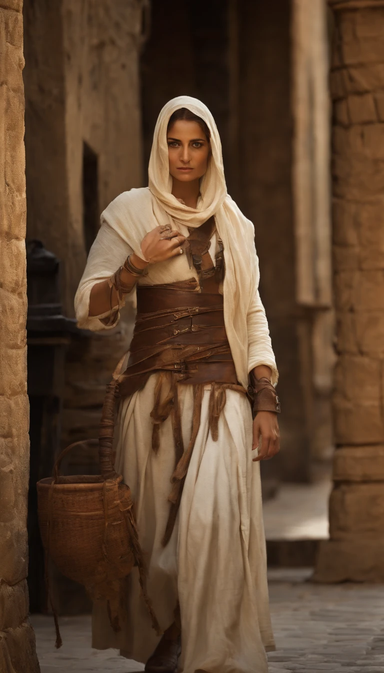 beautiful young woman, 20 years old, in an Assassin's Creed costume, walking in the streets of 13th century Baghdad, [crowded street], [exotic architecture], [colorful market stalls], [bustling atmosphere], [sunny day], [authentic Middle Eastern vibe], [ancient cityscape], [Nizarid Assassin Order], [mysterious charm], [assassin's hood], [intricate details on the costume], [flowing robes], [ornate belt and accessories], [leather bracers], [sleek hidden blade], [confident stride], [stealthy presence], [expressive eyes], [determined expression], [medieval backdrop], [busy marketplace], [hustle and bustle], [aromatic spices], [lively conversations], [flourishing trade], [distant sound of street vendors], [whisper of the desert wind], [golden sunlight casting shadows], [vibrant colors of the fabrics], [alluring mystery], [thematic ambiance], (best quality, 4k, highres:1.2), (realistic, photo-realistic:1.37), [historical accuracy], [immersive experience], [dynamic composition], [captivating storytelling], [artistic masterpiece].