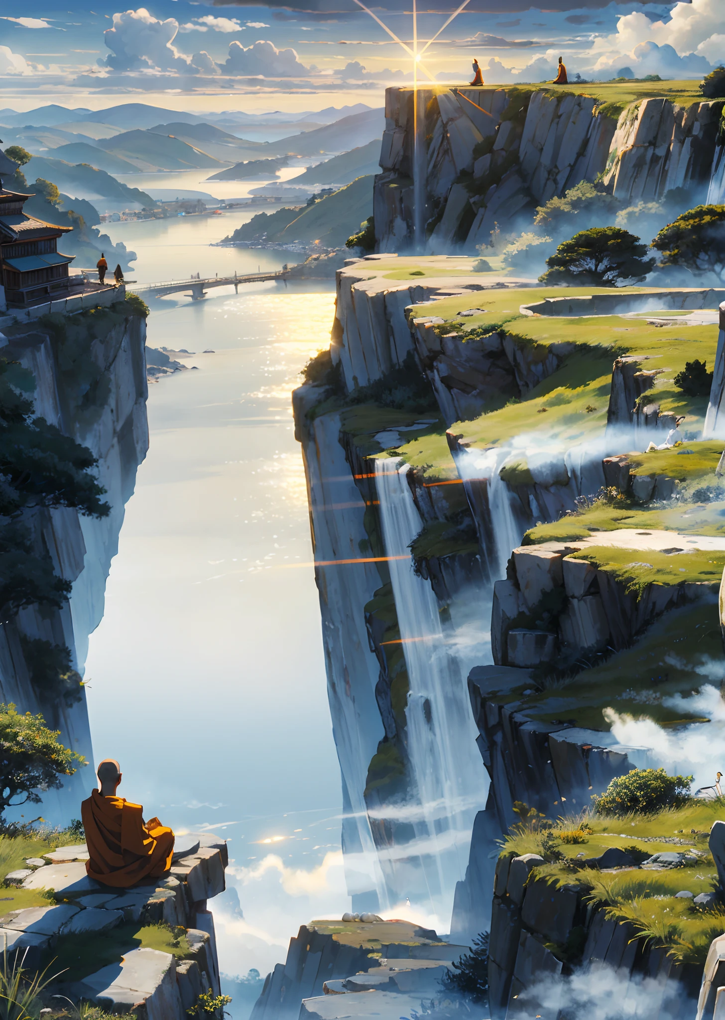 Buddhist monks meditating on the edge of the cliffs, the sun shines brightly in the morning, with beautiful clouds below overlooking the city.