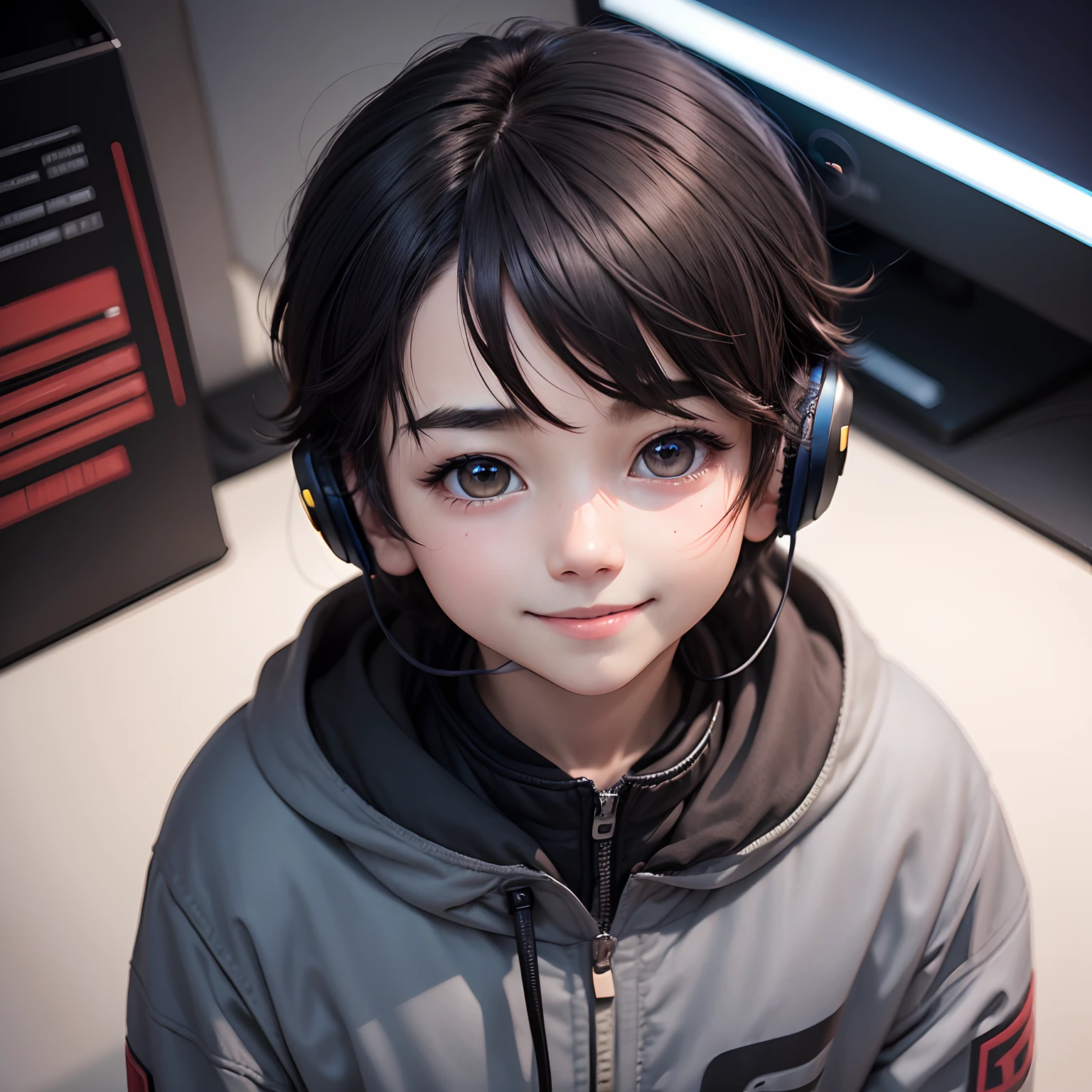 male child、A dark-haired、bob、Distributor、personal computers、head phone、beauitful face、A slight smil