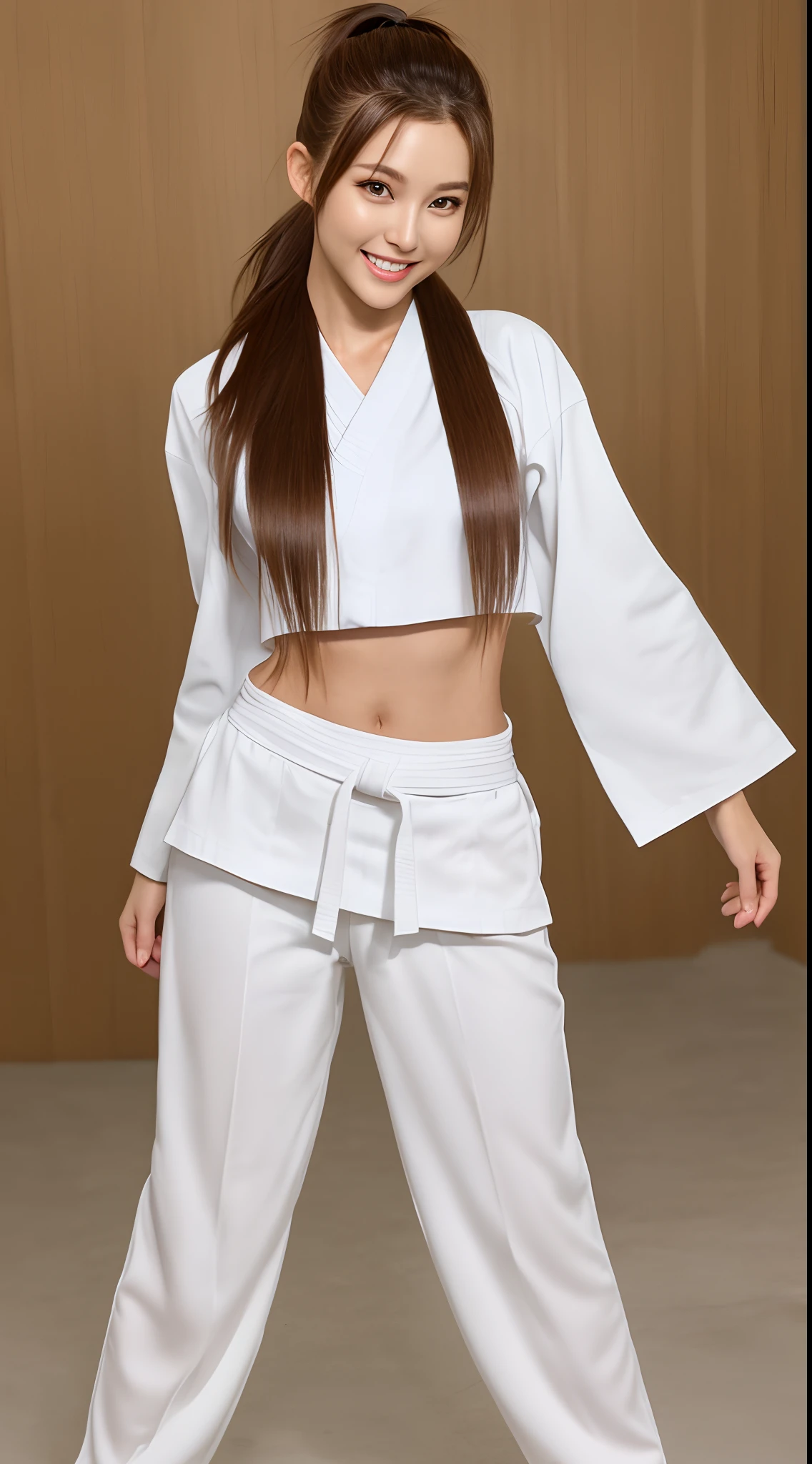 (Photorealsitic)(), Perfectly beautiful woman, (Full body 8K portrait), White Karate Uniform, White karate pants, Large bust,Stand alone, dynamic movements, Perfect facial detail, (Smile: 1.15), attractive beautiful face, gazing at viewer, a small face, 二重まぶた, Beautiful detailed eyes, long eyeslashes, ligh brown hair, ponytail in high position, Toned waist, Beautiful thin legs, toned ankles, bare-legged ,TOKYOcty