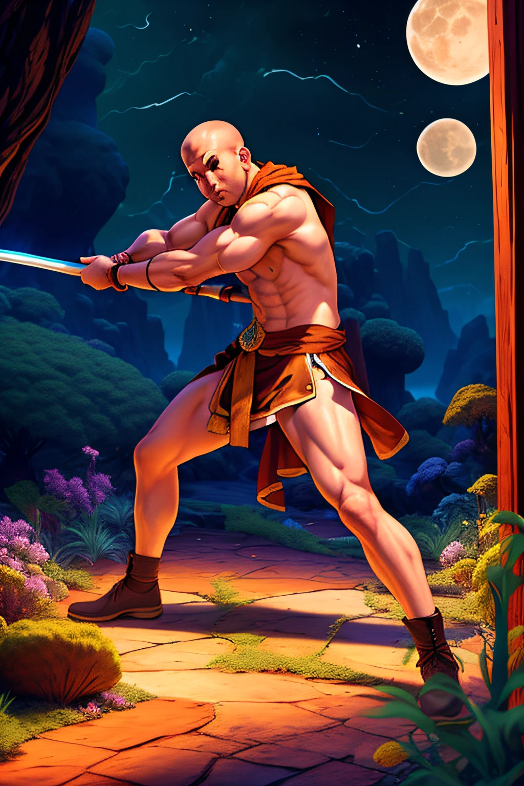 A half naked monk smash with quarterstaff, fantasy