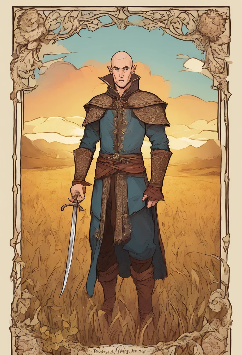 Retro, dark fantasy, hand painted, in the style of an 80’s fantasy book cover. A large half elf with small pointed ears. Wearing chain Mail. Shaved hair. Full body portrait. Standing an a wheat field with the sunrise behind him. Mediterranean skin tone.