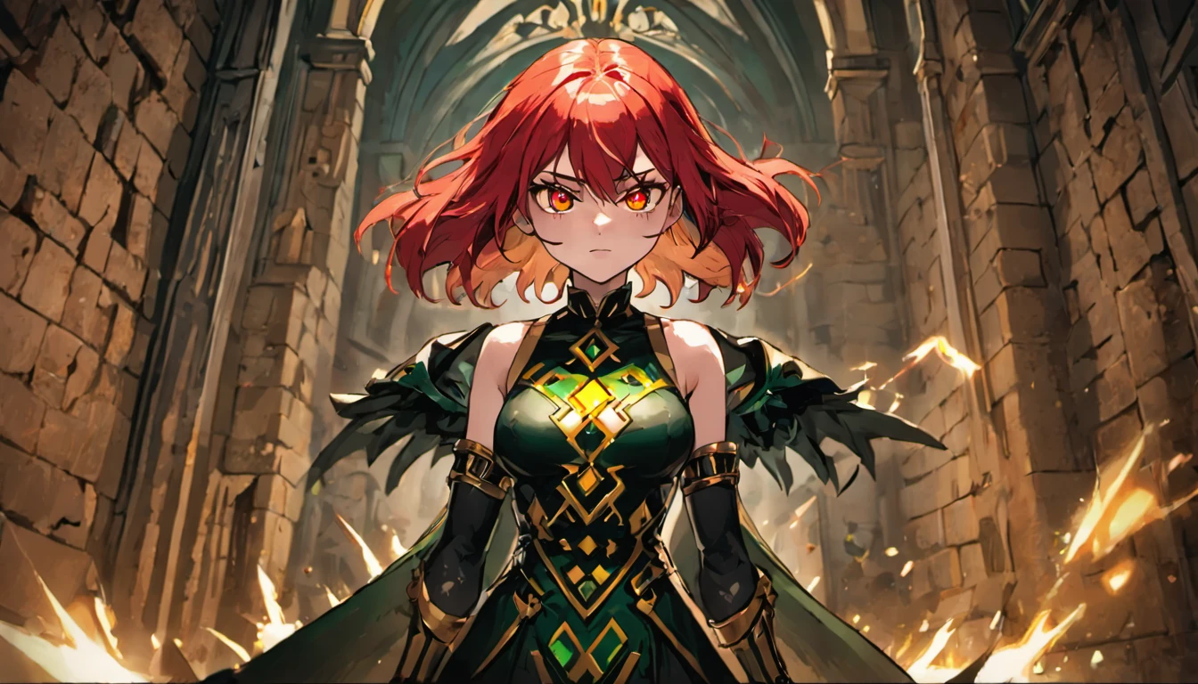 full body photograph, confident young woman with red straight hair, half red and yellow sharp eyes, wearing an elegant black dress with dark green pattern, in a castle, photorealistic, cinematic lighting