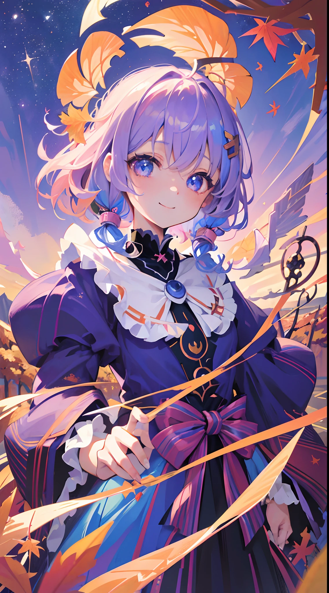 masutepiece, Best Quality,ultra -detail, Absurd beauty, 1beautiful girl、Light purple hair、Glitter and big eyes、Hair fluttering in the wind、♡、Smaller head、((Autumn landscape))、miscievous smile、blue eyess、waved hair、Medium Hair、multi color hair