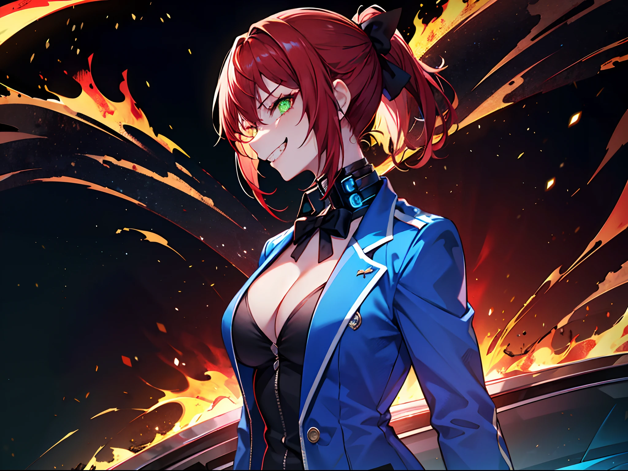 1 girl, solo, dark flaming red hair, (colourful_fringes), view from the side, menacing aura, grin, evil expression, jagged teeth, ponytail, black bow, glowing emerald green cyborg eyes, blue jacket, large breasts, V-neck, short gloves, (muscular physique), cyberpunky background
