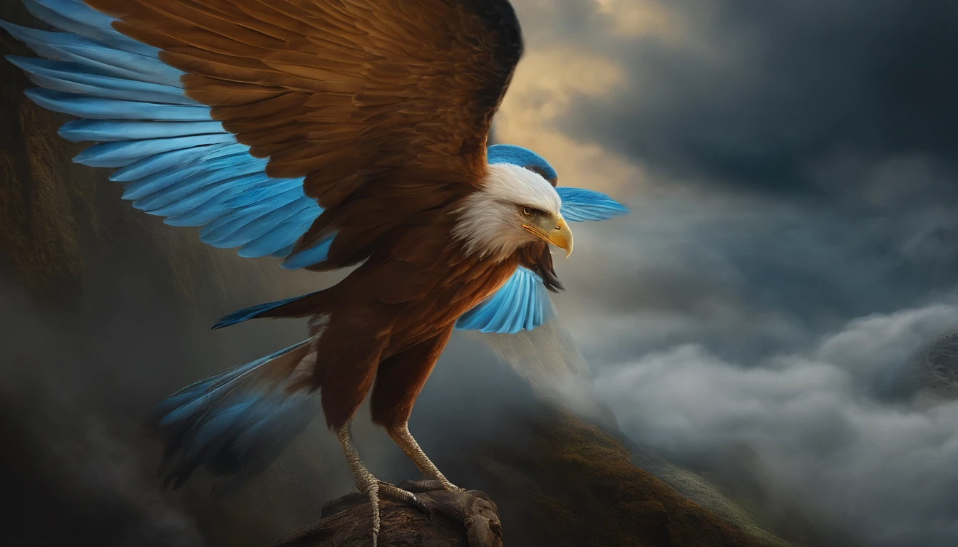 (Masterpiece), Best quality, Ultra-detailed, Realistic portrait, Ziz in Jewish mythology, mythological creatures, Majestic feathers, Strong presence, Vibrant colors, The divine light illuminates the scene, Intricate details of wings and beak, Ethereal atmosphere, The atmosphere of ancient legends, Breathtaking artwork
