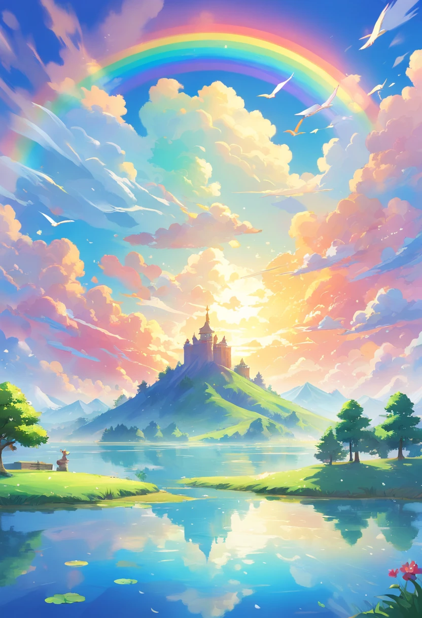 ((A rainbow appears in the sky after the rain)),baiyun, after rainny, rays of sunshine, refractions, Seven colors, Red, Orange, Yellow, Green, Blue, Violet, arc-shaped, A bridge to heaven, llight rays, dream magical, wanting, Calm lake, inverted image, The outline of the tree, Birds fly, freshen, magical, Beautiful natural landscape