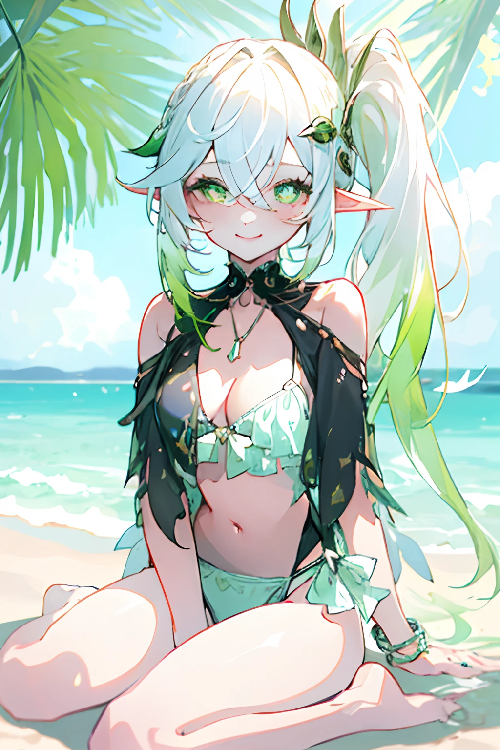 (masterpiece, sidelighting, finely detailed beautiful eyes: 1.2), masterpiece*portrait, 3d face, lustrous skin, 1girl, nahida_genshin, long_hair, green_eyes, bangs, pointy_ears, hair_ornament, white_hair, symbol-shaped_pupils, multicolored_hair, side_ponytail, gradient_hair, green_hair, hair_between_eyes, cross-shaped_pupils, smile, jewelry, leaf_hair_ornament, bracelet, bare shoulders, bikini, blush, breasts, cleavage, happy, smiling, collarbone, navel, necklace, outdoors, beach, sitting, solo, stomach, swimsuit, wet, coconut tree, best shadow, sunrise