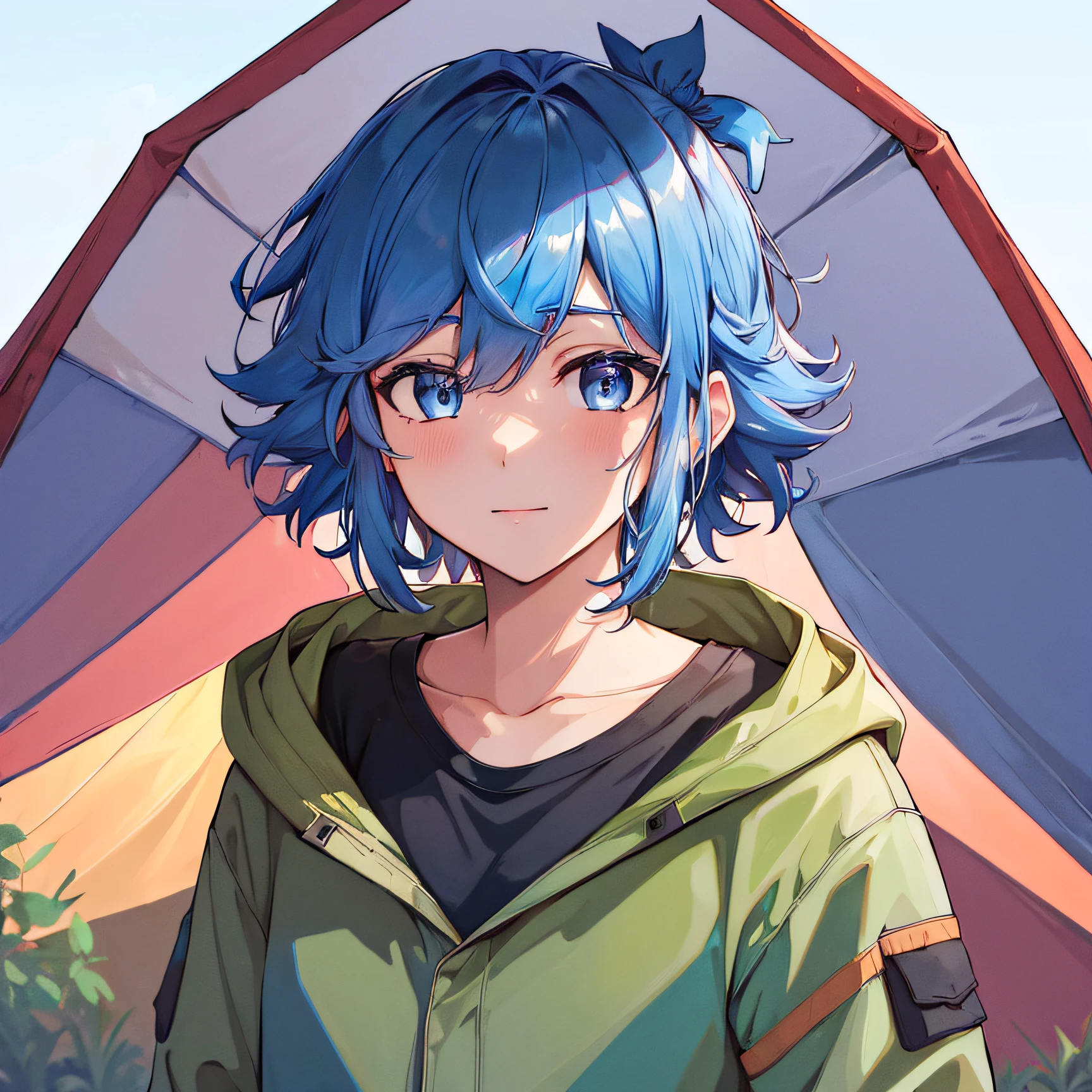 (Mastepiece, Best Quality, High Resolution:1.4), One person, Female, Loose-camping, Outdoor clothing, Dark blue hair, Eye color purple, Upper body, Background: campsite