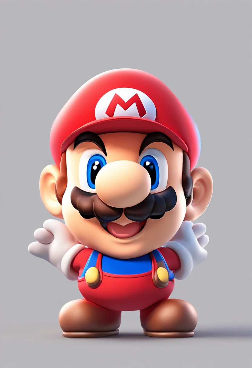 (Mario), Character Design, Nintendo Super Mario, (Blue eyes, Red hat, Red suit, Blue suspenders, White Gloves, )Super cute blind box style, Chibi, Full body, Exaggerated expressions and actions, clean back ground, Bright iridescent highlights, Studio Lighting, Atmospheric lighting, With exquisite texture, high detailing, High resolution, C4D, 。.3D, blender, 8K, Best Quality, Ultra high definition