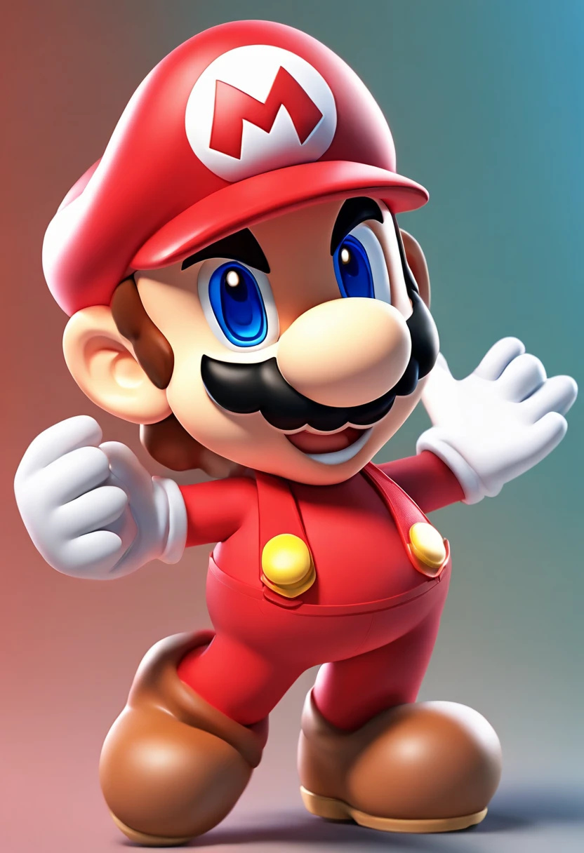 (Mario), Character Design, Nintendo Super Mario, (Blue eyes, Red hat, Red suit, Blue suspenders, White Gloves, )Super cute blind box style, Chibi, Full body, Exaggerated expressions and actions, clean back ground, Bright iridescent highlights, Studio Lighting, Atmospheric lighting, With exquisite texture, high detailing, High resolution, C4D, 。.3D, blender, 8K, Best Quality, Ultra high definition