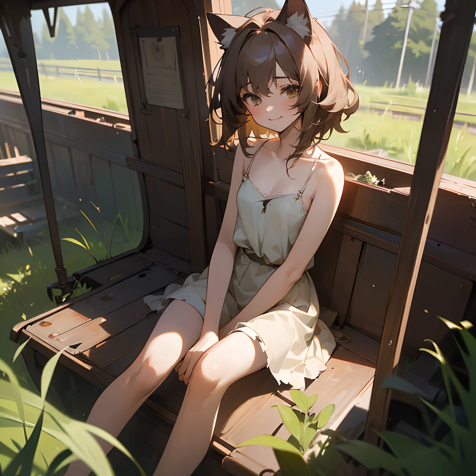 ((Masterpiece)),(Professional Photography:1.2), 8K, cinematic lighting, very messy medium hair, Cute teenage Beautiful girl, ((sit on the beautiful abandoned railway line with grass)), (exposed small breast), badly ragged and torn dirty oversized white-camisole, (Slender small breasts, very happy face), Textured skin, cat ears, Pale brown hair